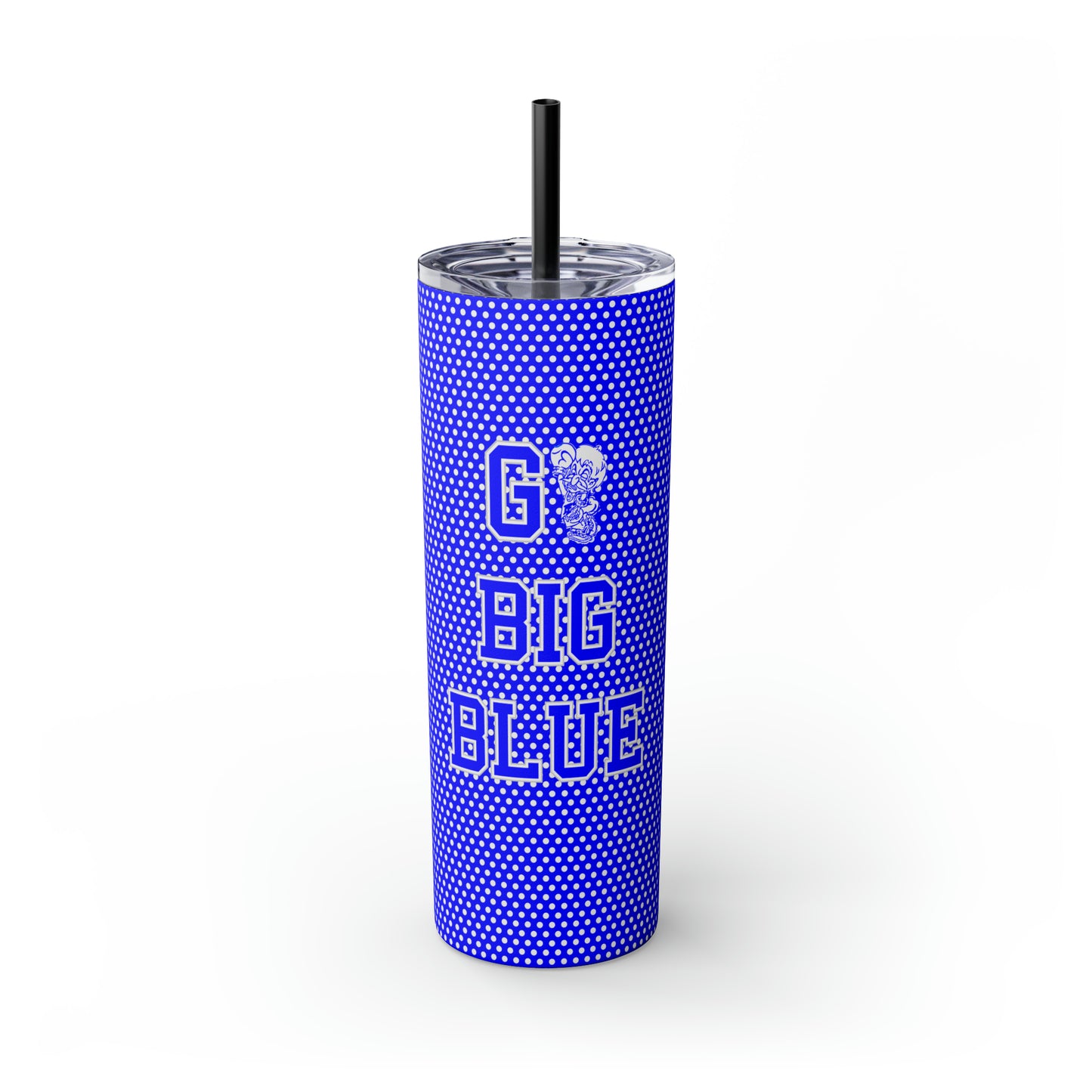 Go Big Blue Polka Dot Freeburg Midgets Skinny Tumbler with Pick your Color Straw, 20oz