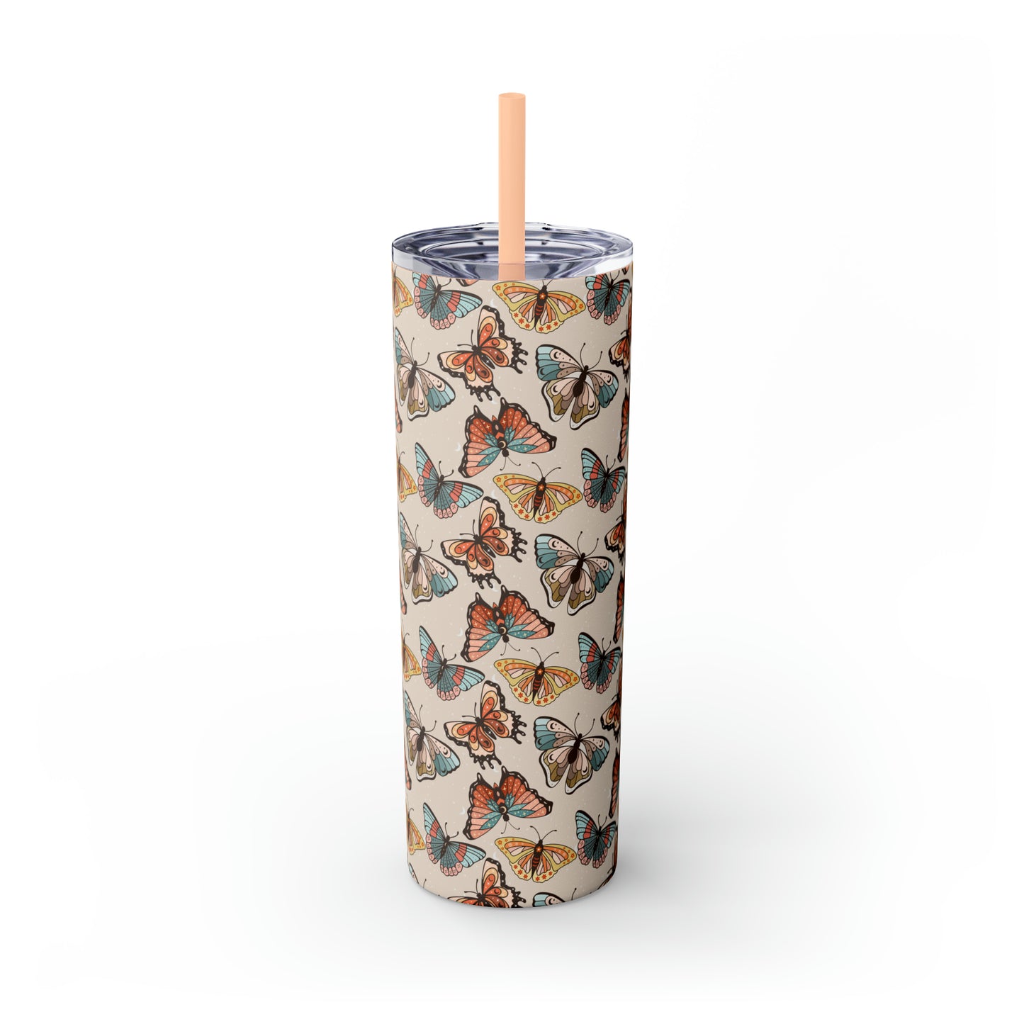 Boho Butterfly Brown Skinny Tumbler with Straw, 20oz