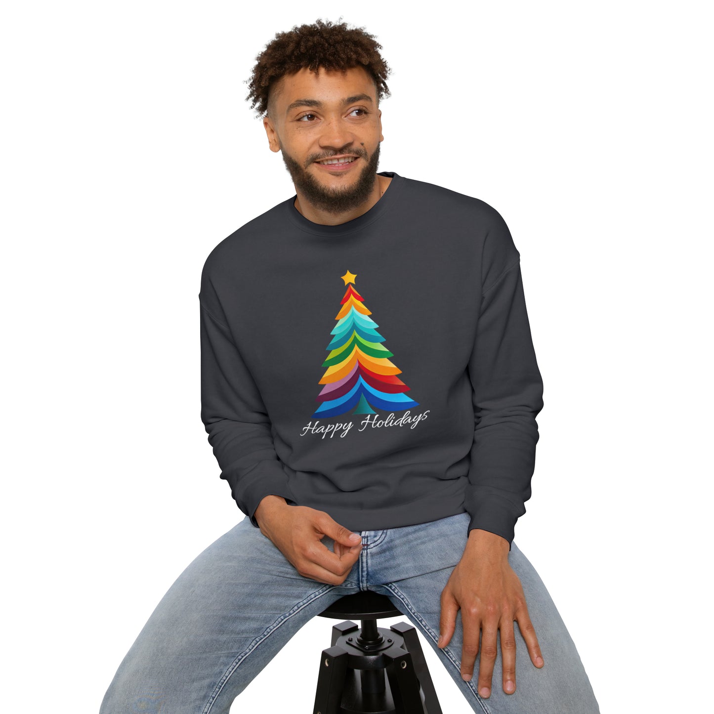 Happy Holidays Layered Rainbow Christmas Tree Unisex Drop Shoulder Bella Sweatshirt