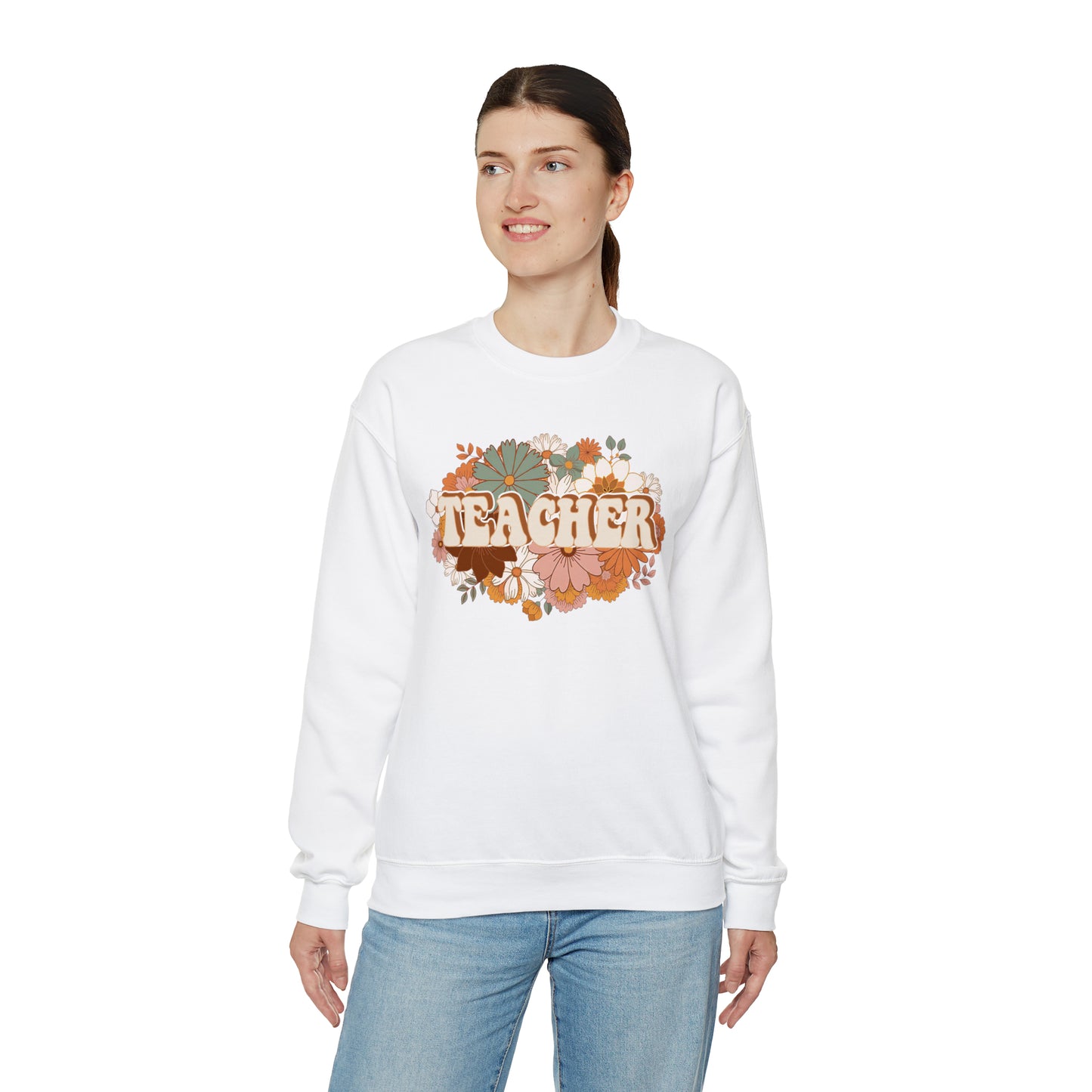 Vintage Retro Floral Teacher Warm Colors Unisex Heavy Blend™ Crewneck Sweatshirt