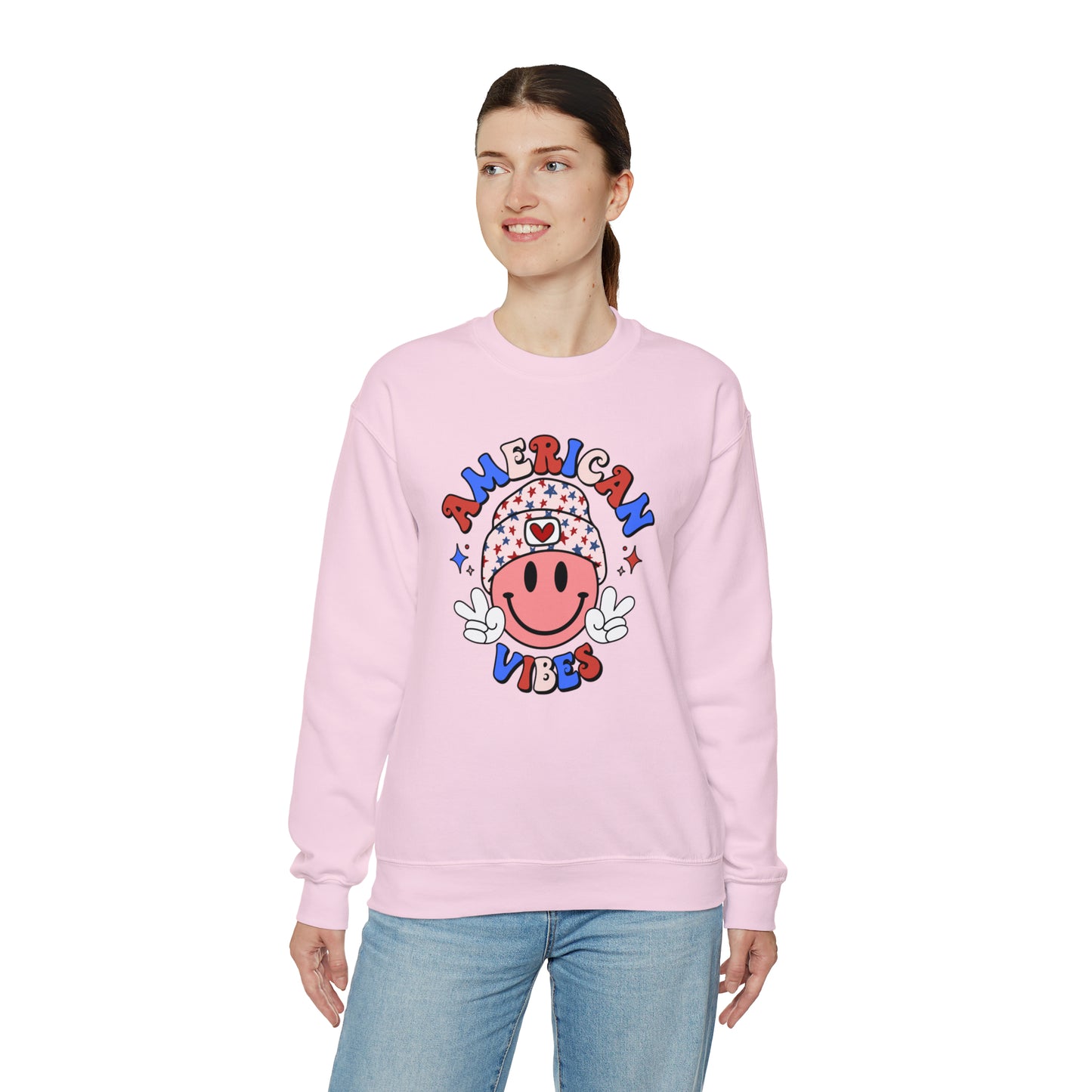 USA American Vibes Smiley Face with Heart Beanie and Peace Signs Heavy Blend™ Crewneck Sweatshirt