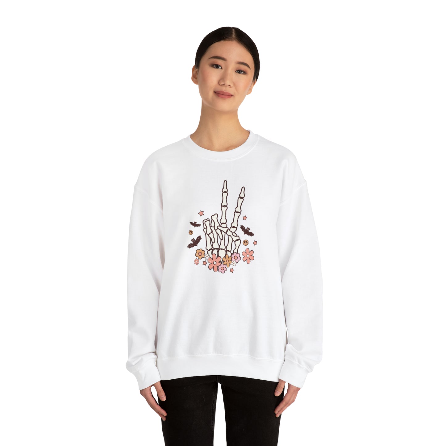 Boho Skeleton Floral Piece Sign Hand Fall Halloween Retro Warm Colored  Unisex Heavy Blend™ Crewneck Sweatshirt