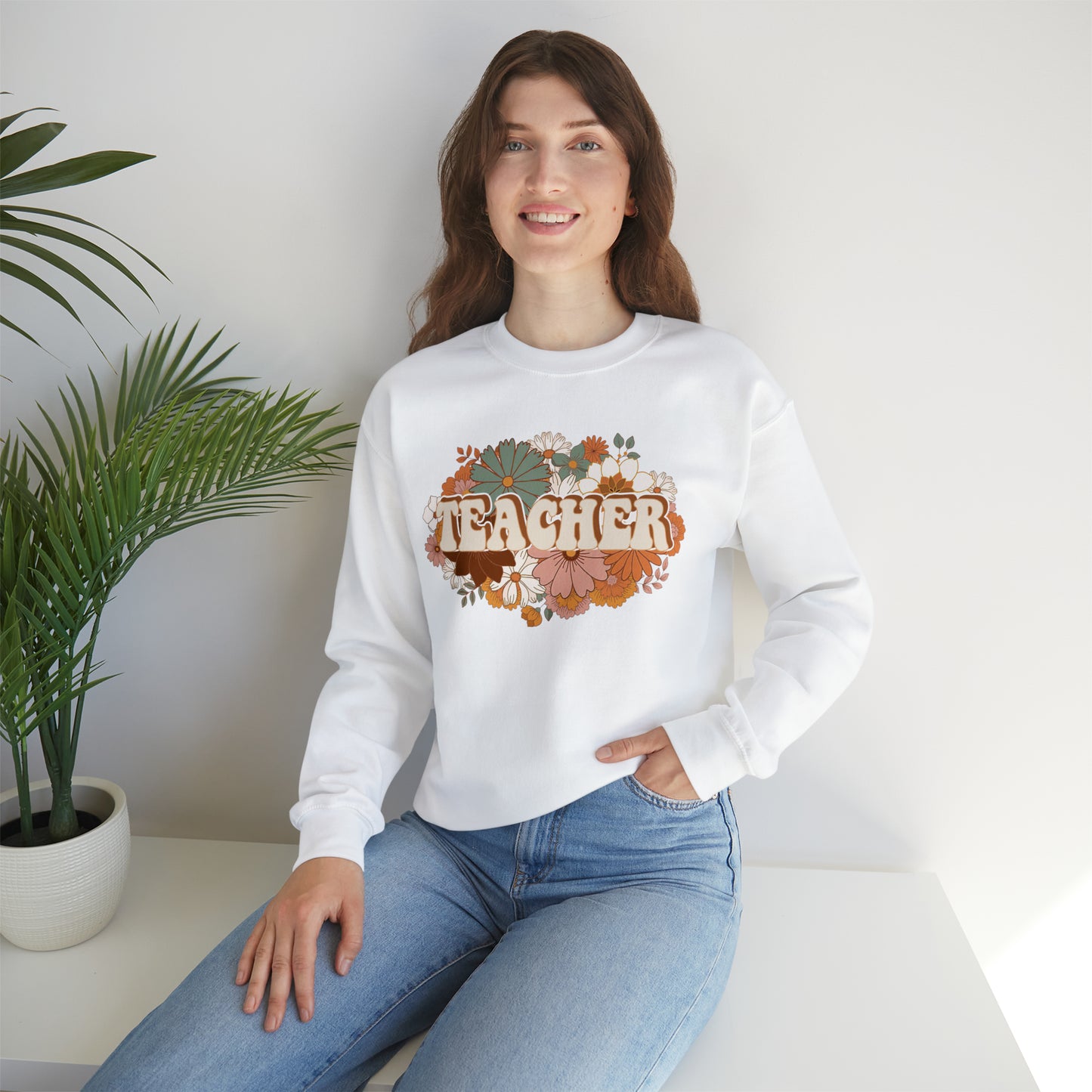 Vintage Retro Floral Teacher Warm Colors Unisex Heavy Blend™ Crewneck Sweatshirt