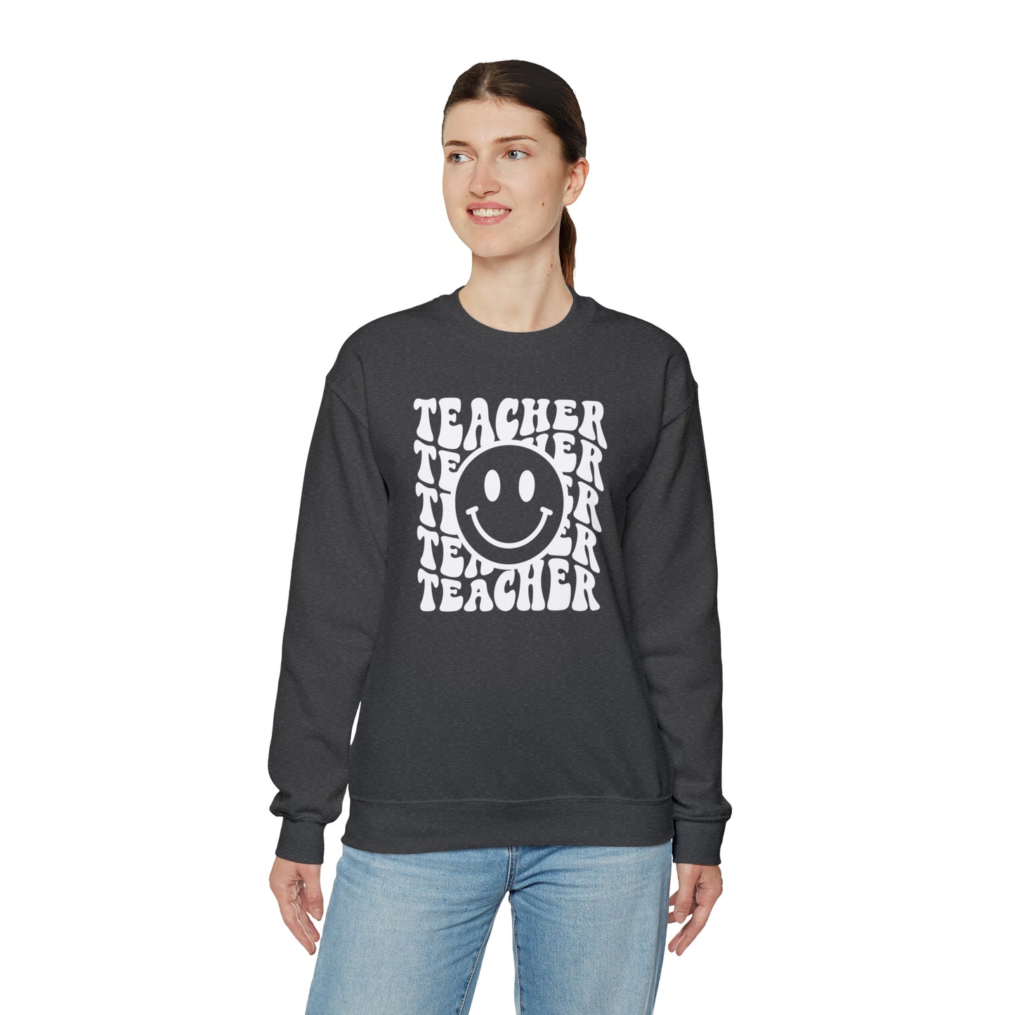 Teacher with Smiley Face White Logo Unisex Heavy Blend™ Crewneck Sweatshirt