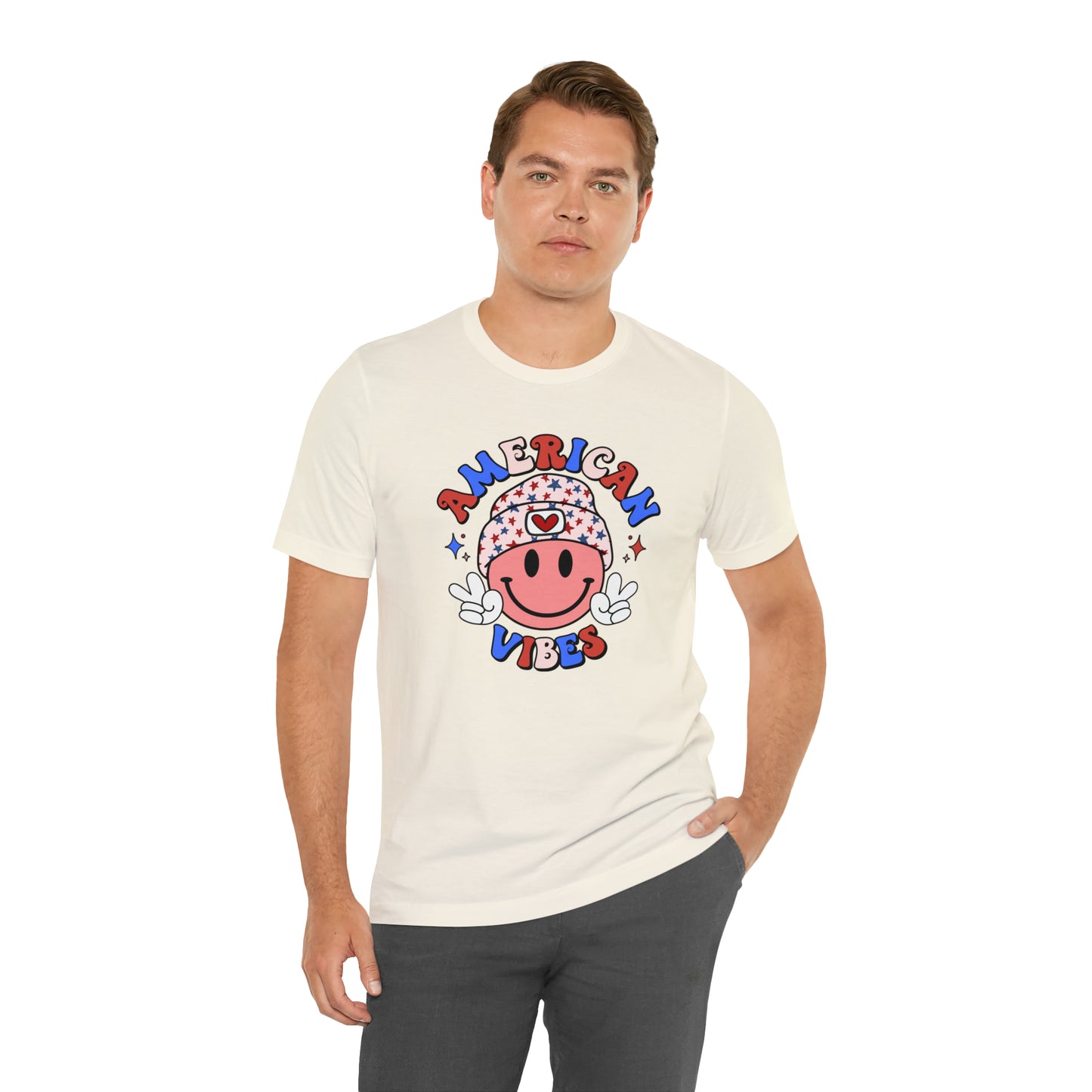 American Vibes USA Smiley Face with Stars Beanie with two hand peace signs Unisex Jersey Short Sleeve Tee