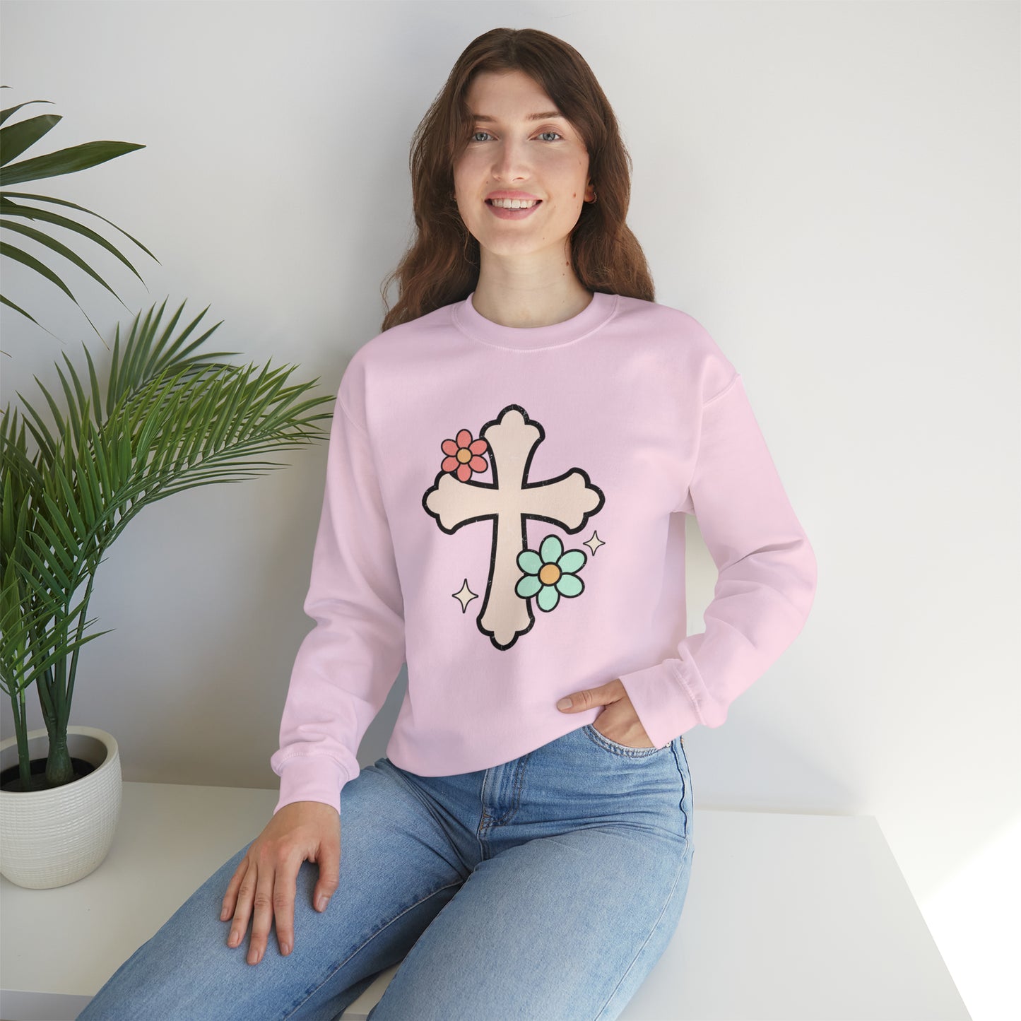 Vintage Floral Cross Design Heavy Blend™ Crewneck Sweatshirt