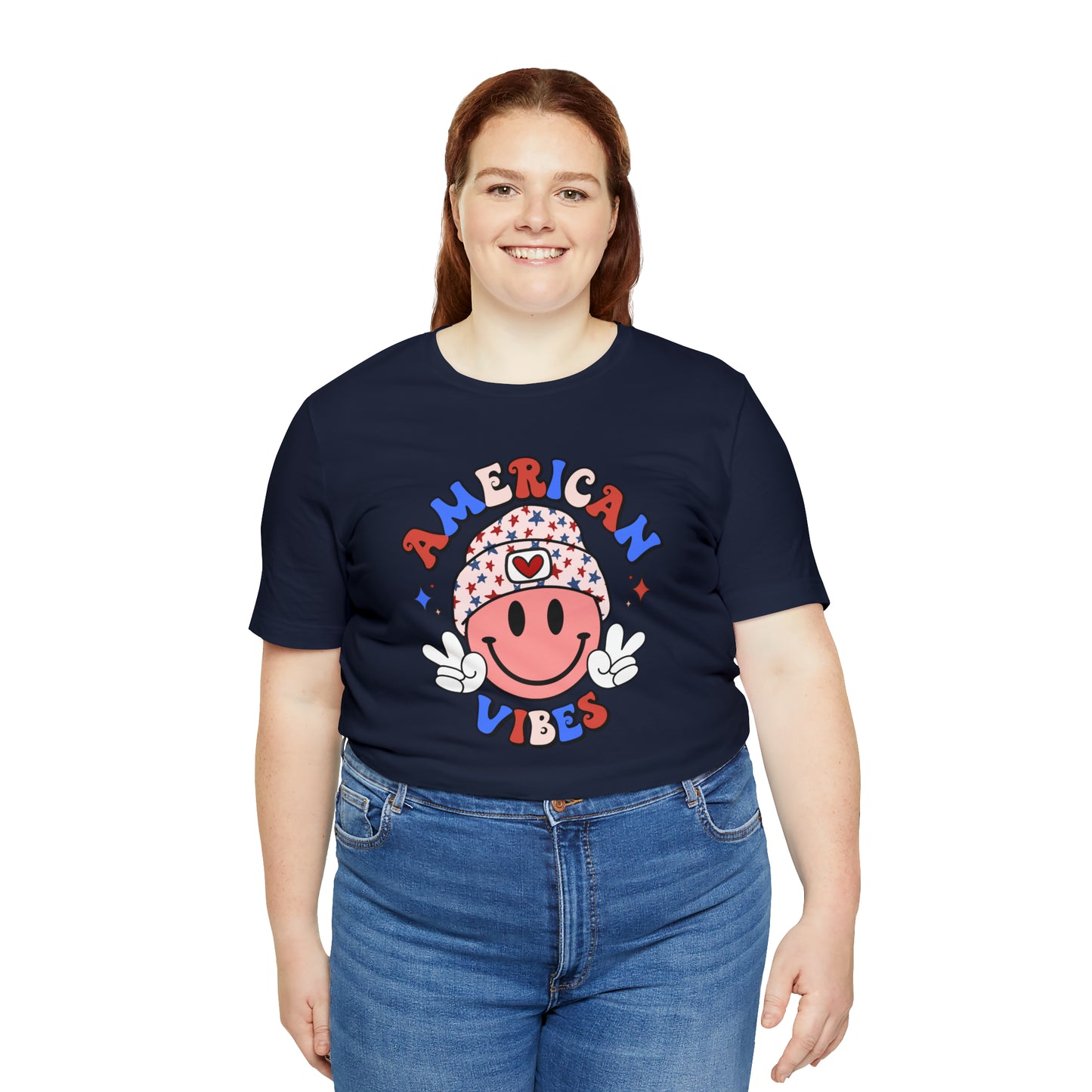 American Vibes USA Smiley Face with Stars Beanie with two hand peace signs Unisex Jersey Short Sleeve Tee