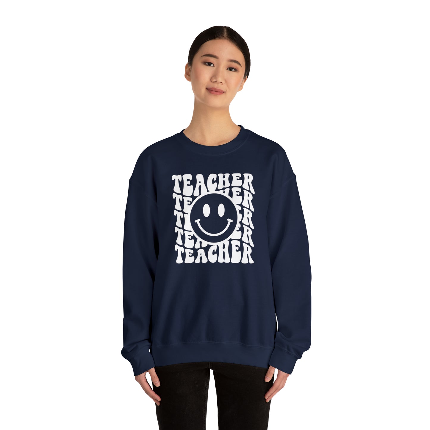 Teacher with Smiley Face White Logo Unisex Heavy Blend™ Crewneck Sweatshirt