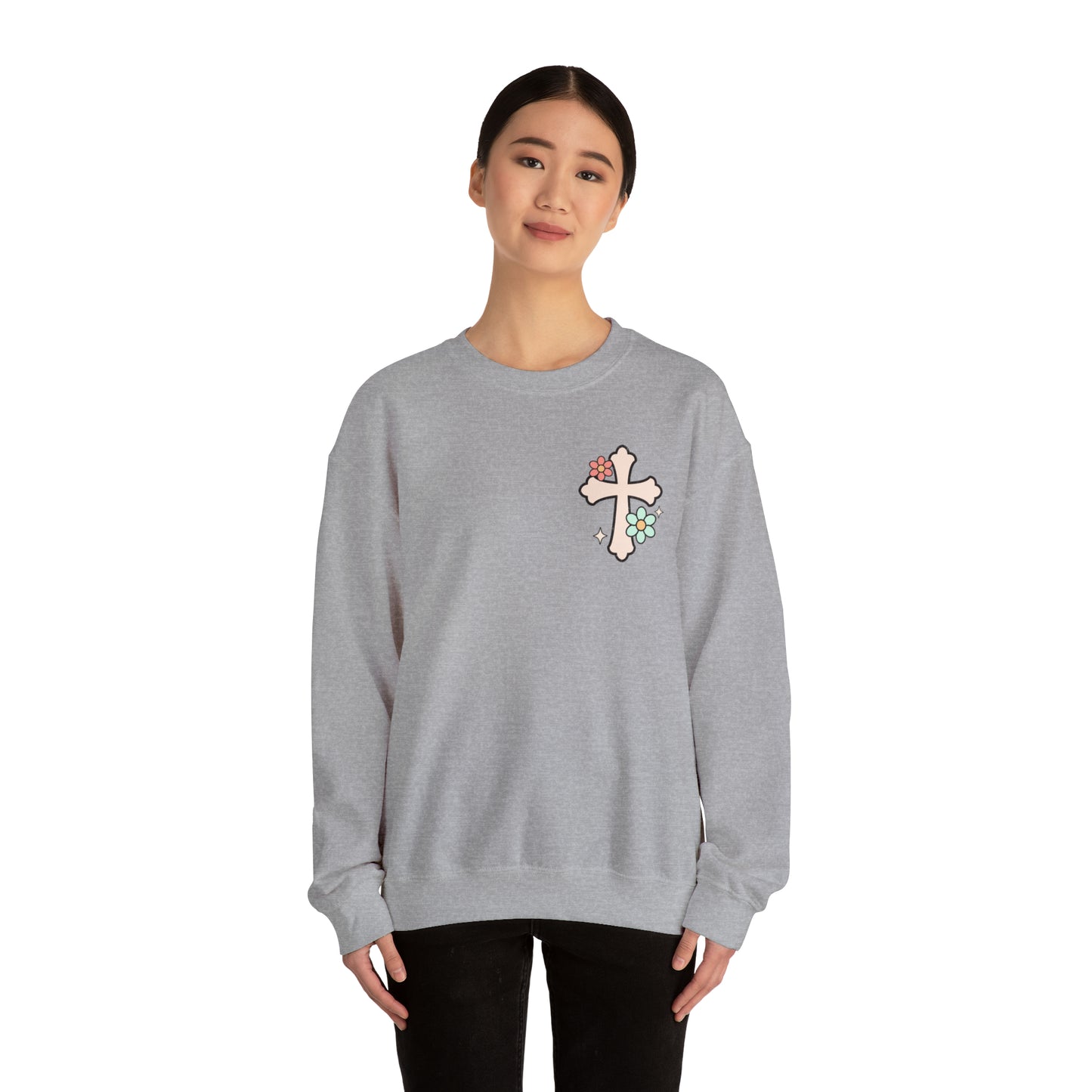 Vintage Grow in Grace with Cross Boho Color Print -  Front and Back Design Heavy Blend™ Crewneck Sweatshirt