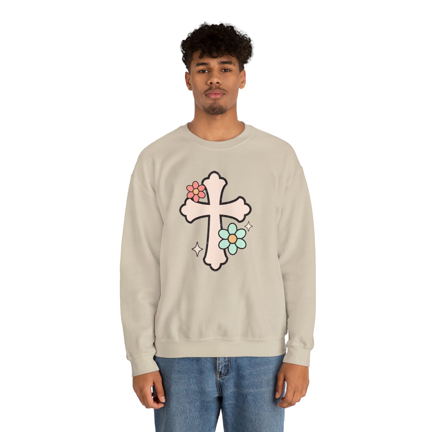 Vintage Floral Cross Design Heavy Blend™ Crewneck Sweatshirt