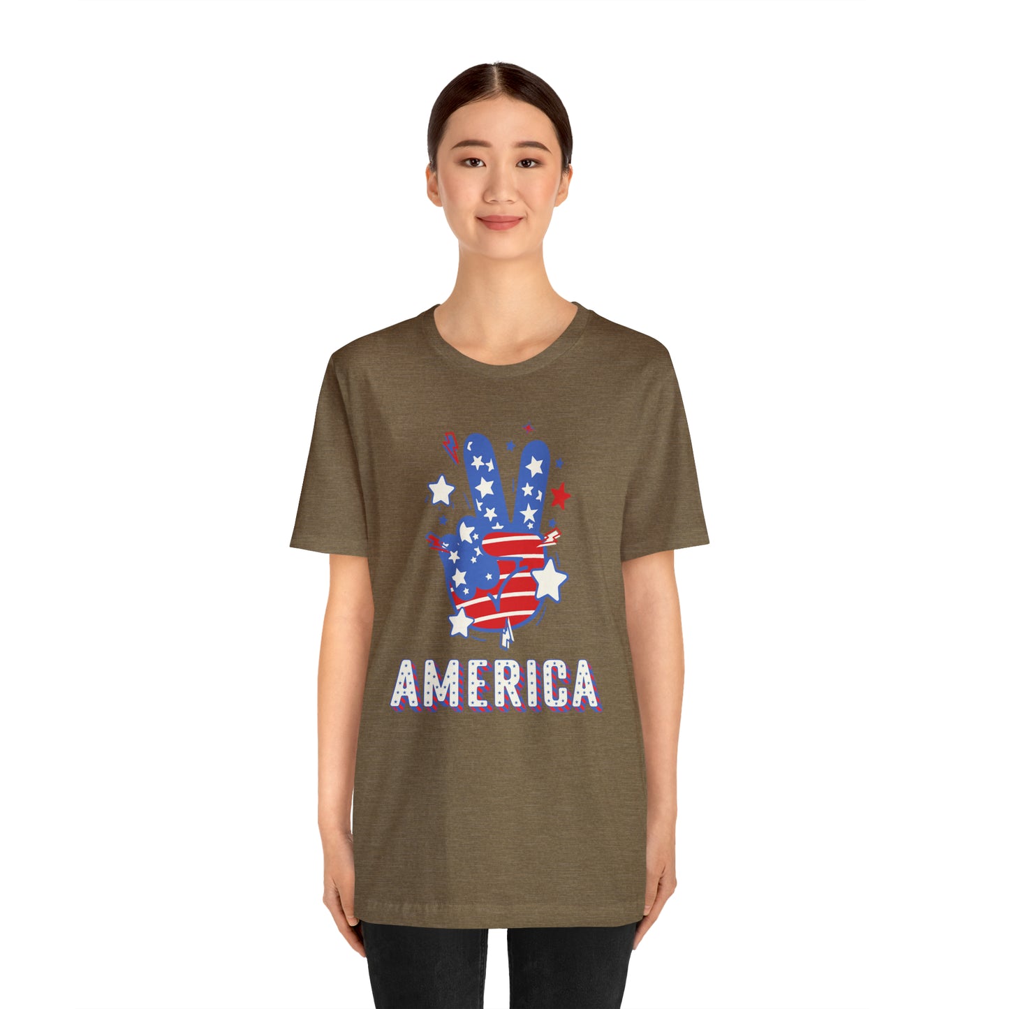 America USA Stars Peace Sign with Hands Unisex Jersey Short Sleeve Tee