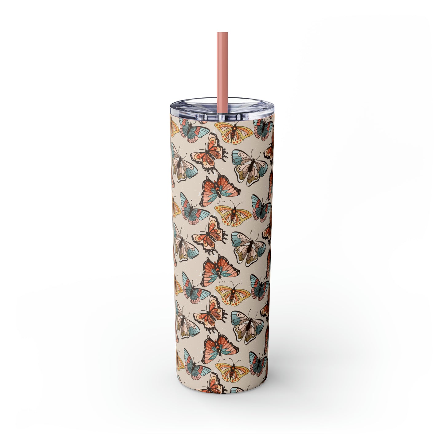 Boho Butterfly Brown Skinny Tumbler with Straw, 20oz