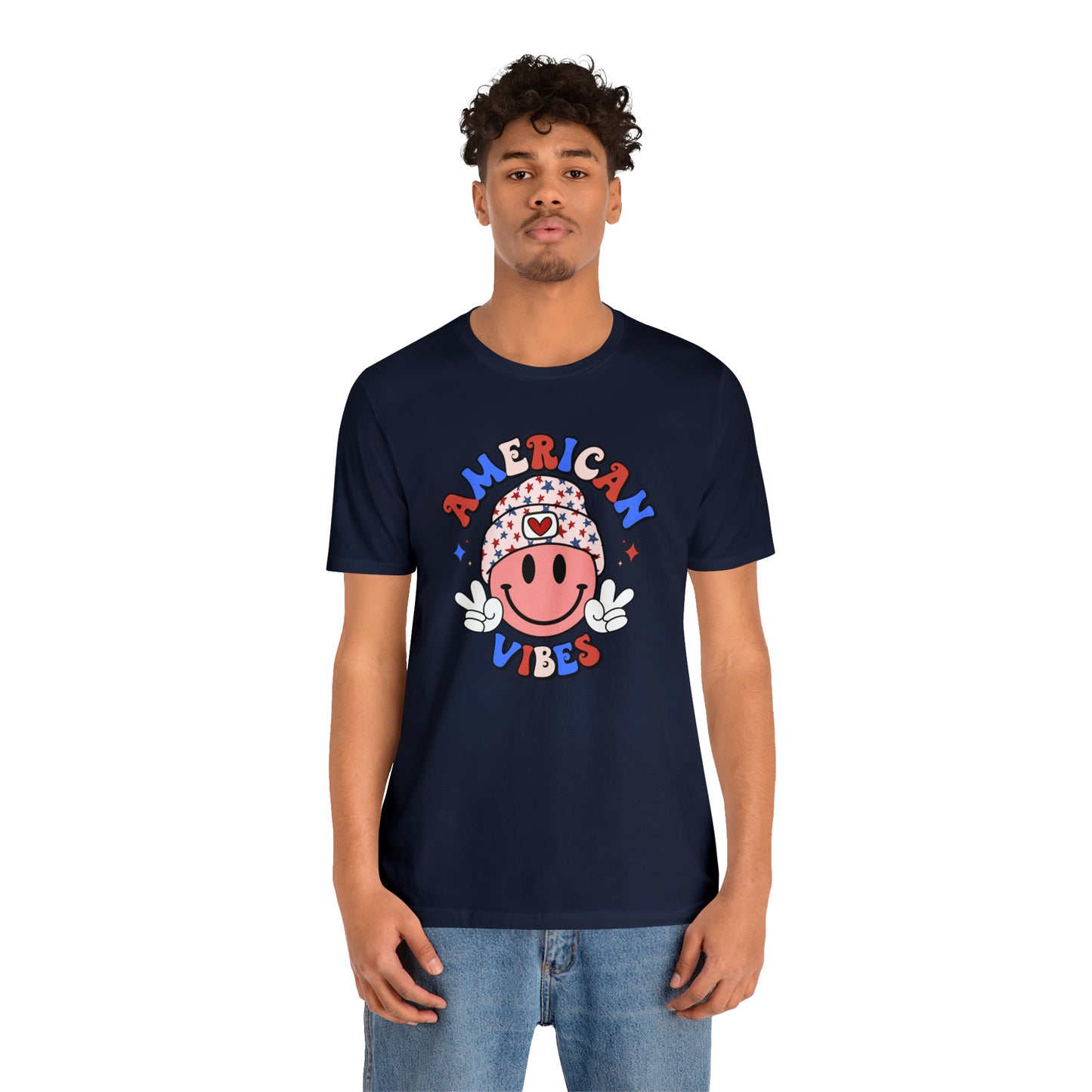 American Vibes USA Smiley Face with Stars Beanie with two hand peace signs Unisex Jersey Short Sleeve Tee