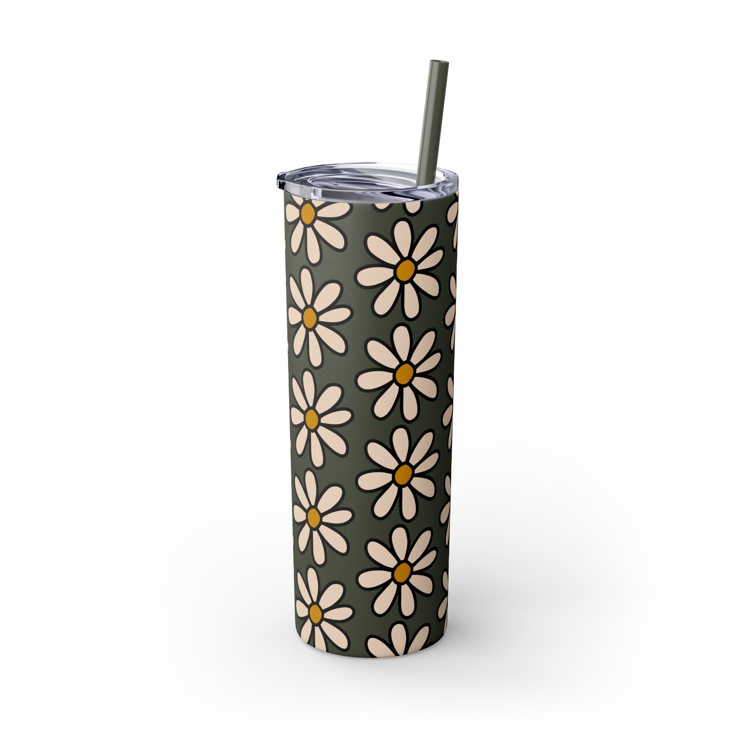 Peach Daisy Print Skinny Tumbler with Straw, 20oz