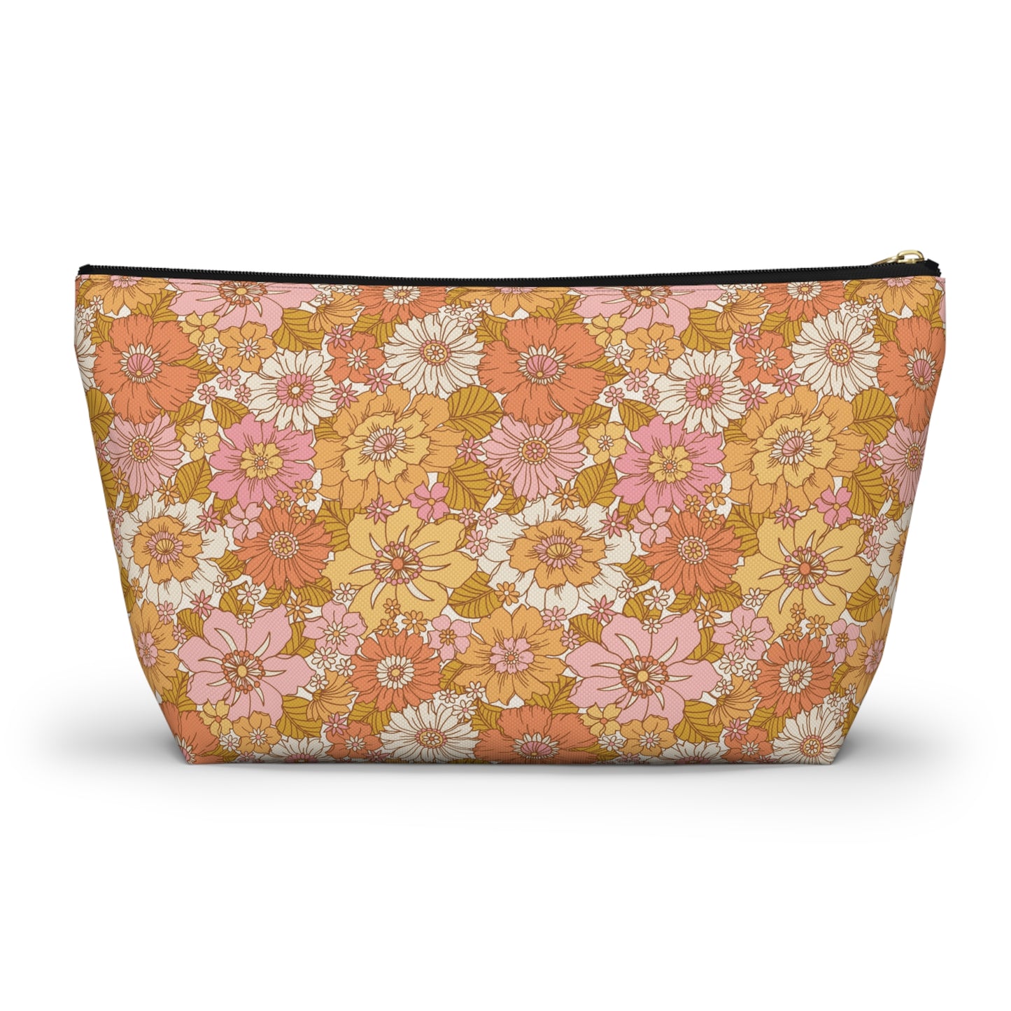 Peachy Golden Retro Floral Print Design Accessory Pouch w T-bottom