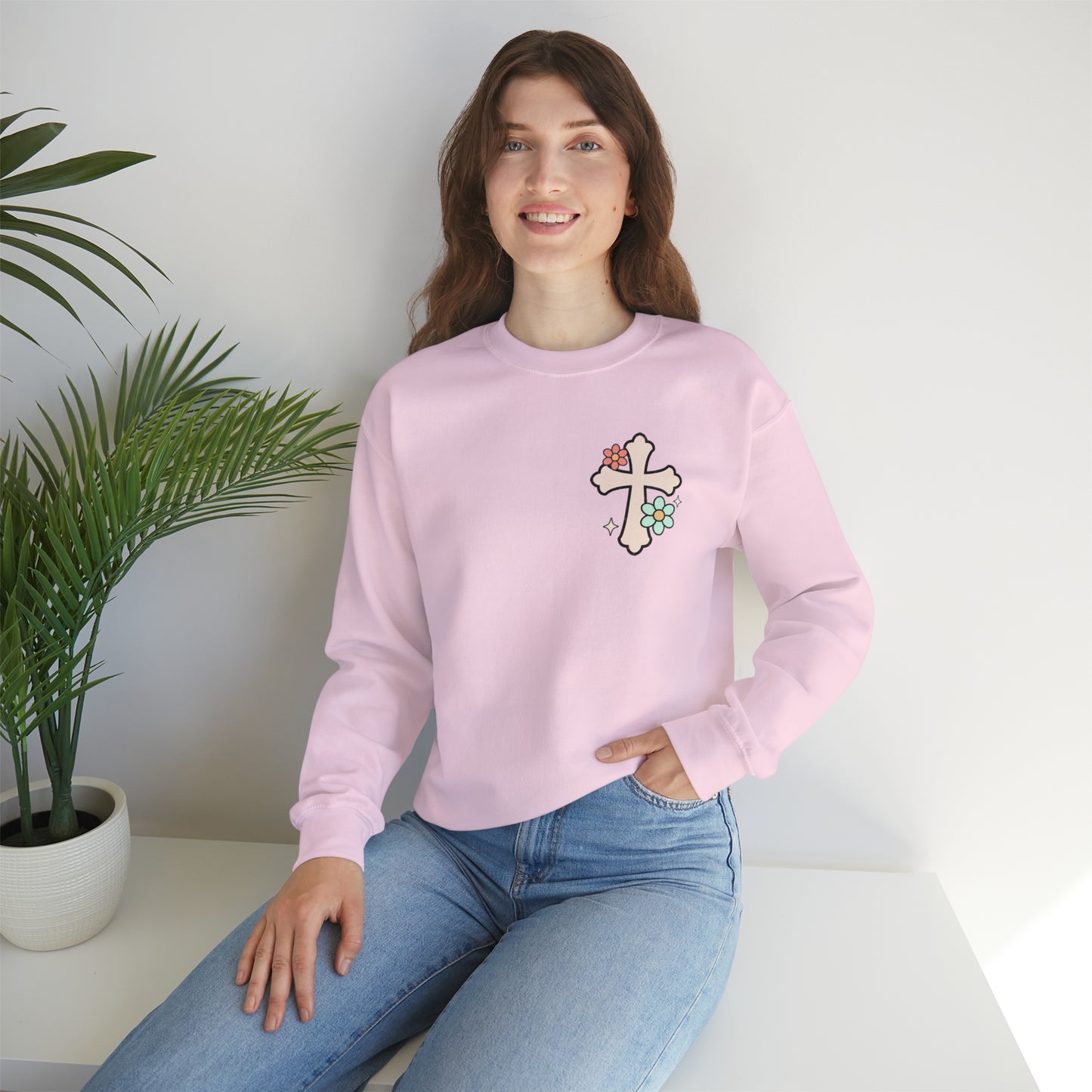 Vintage Grow in Grace with Cross Boho Color Print -  Front and Back Design Heavy Blend™ Crewneck Sweatshirt