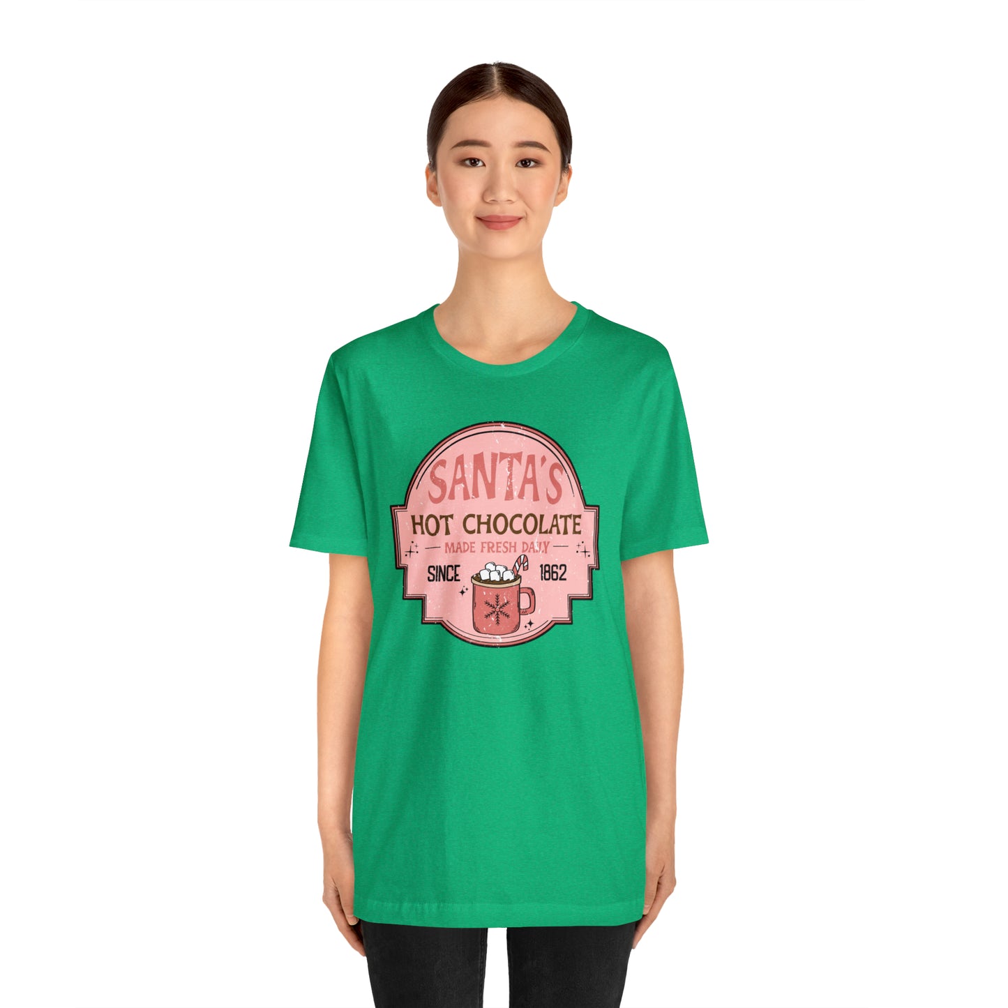 Santa's Hot Chocolate Pink Christmas/ Holiday Bella Jersey Short Sleeve Tee (Unisex)