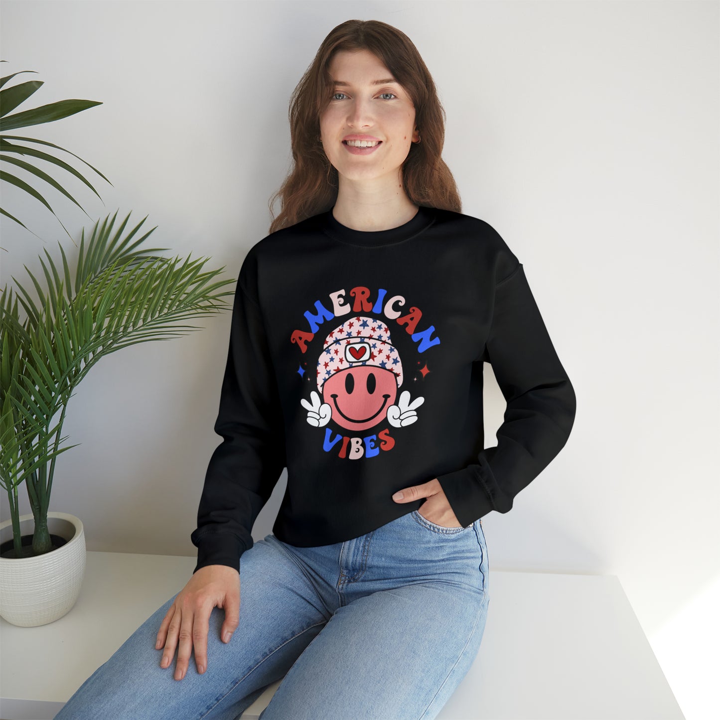 USA American Vibes Smiley Face with Heart Beanie and Peace Signs Heavy Blend™ Crewneck Sweatshirt