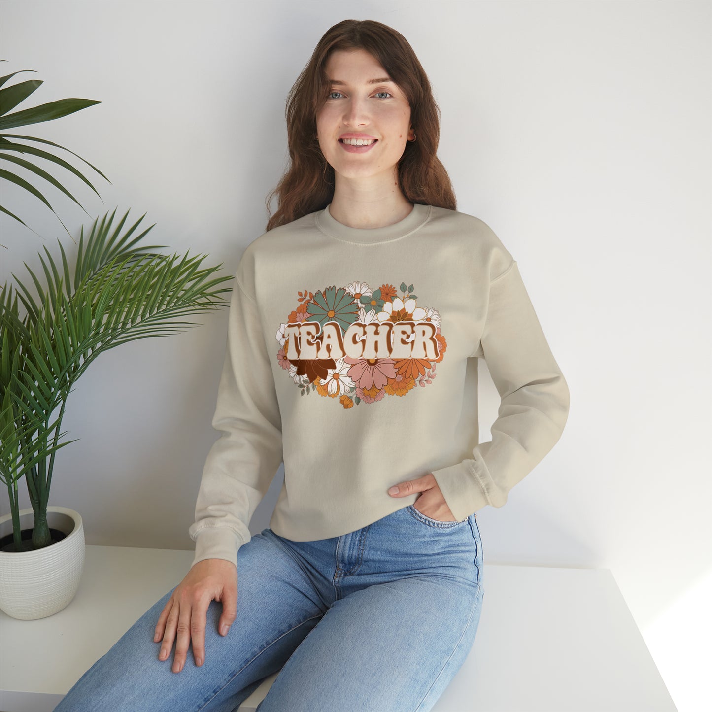 Vintage Retro Floral Teacher Warm Colors Unisex Heavy Blend™ Crewneck Sweatshirt