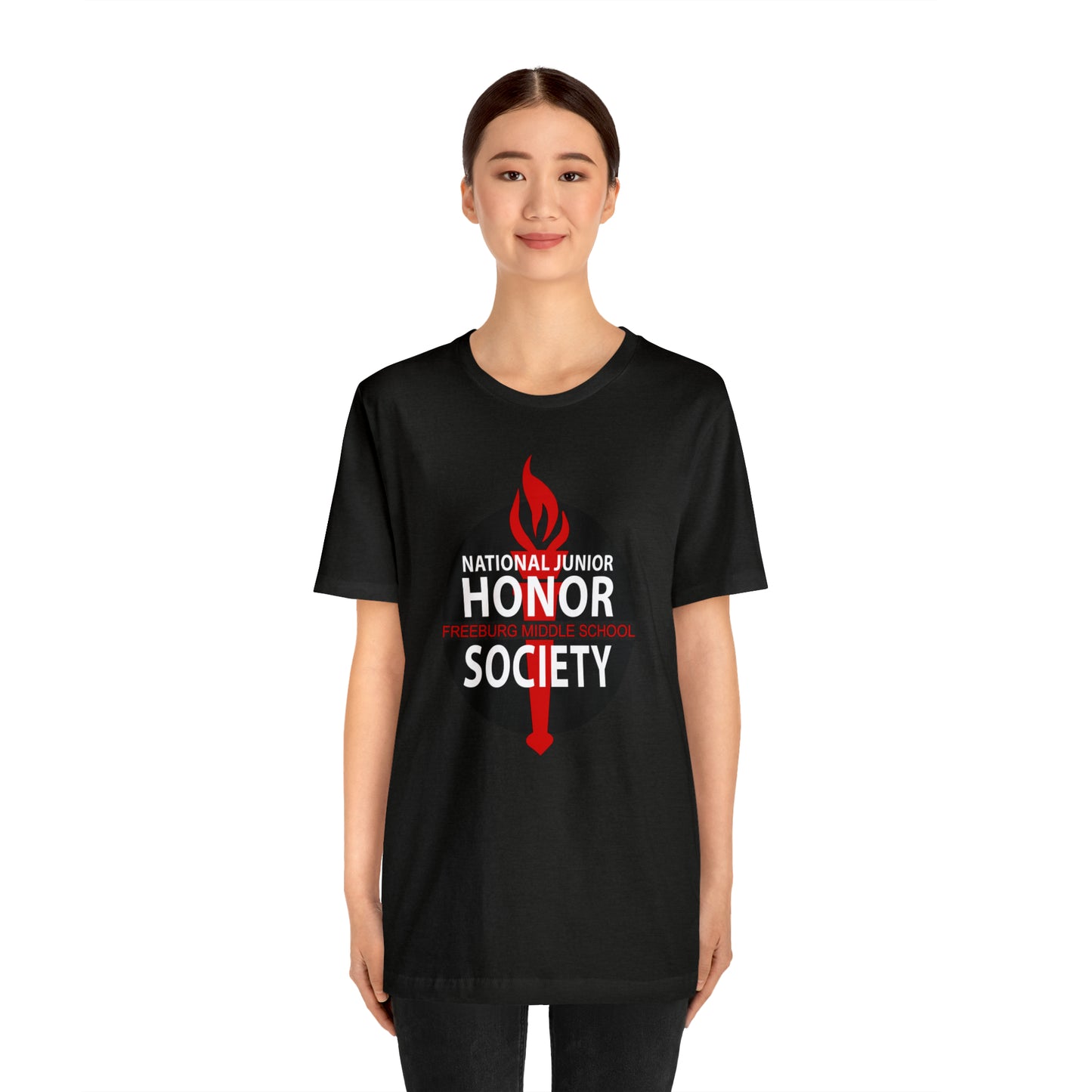 Freeburg Middle School Black Red and White NJHS National Junior Honor Society Red Torch Logo Bella Jersey Short Sleeve Tee (Unisex)