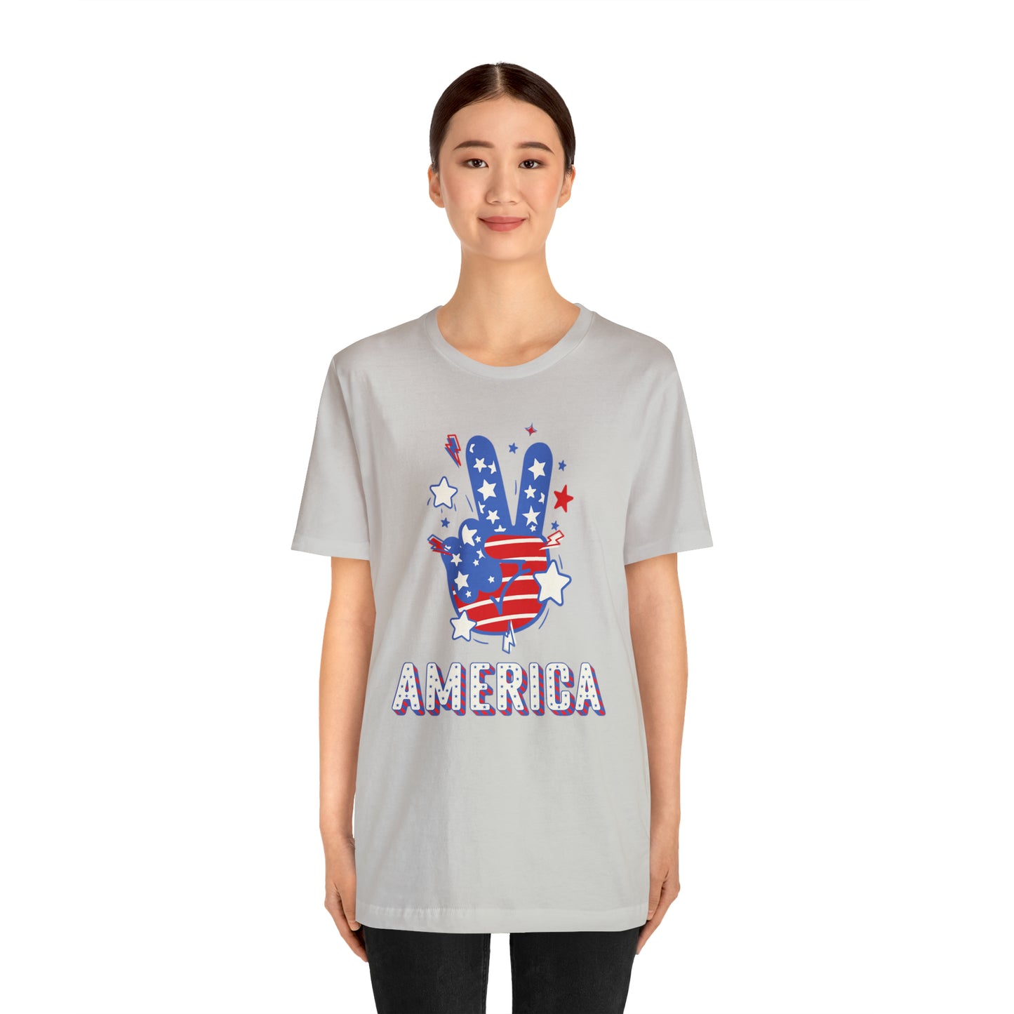 America USA Stars Peace Sign with Hands Unisex Jersey Short Sleeve Tee