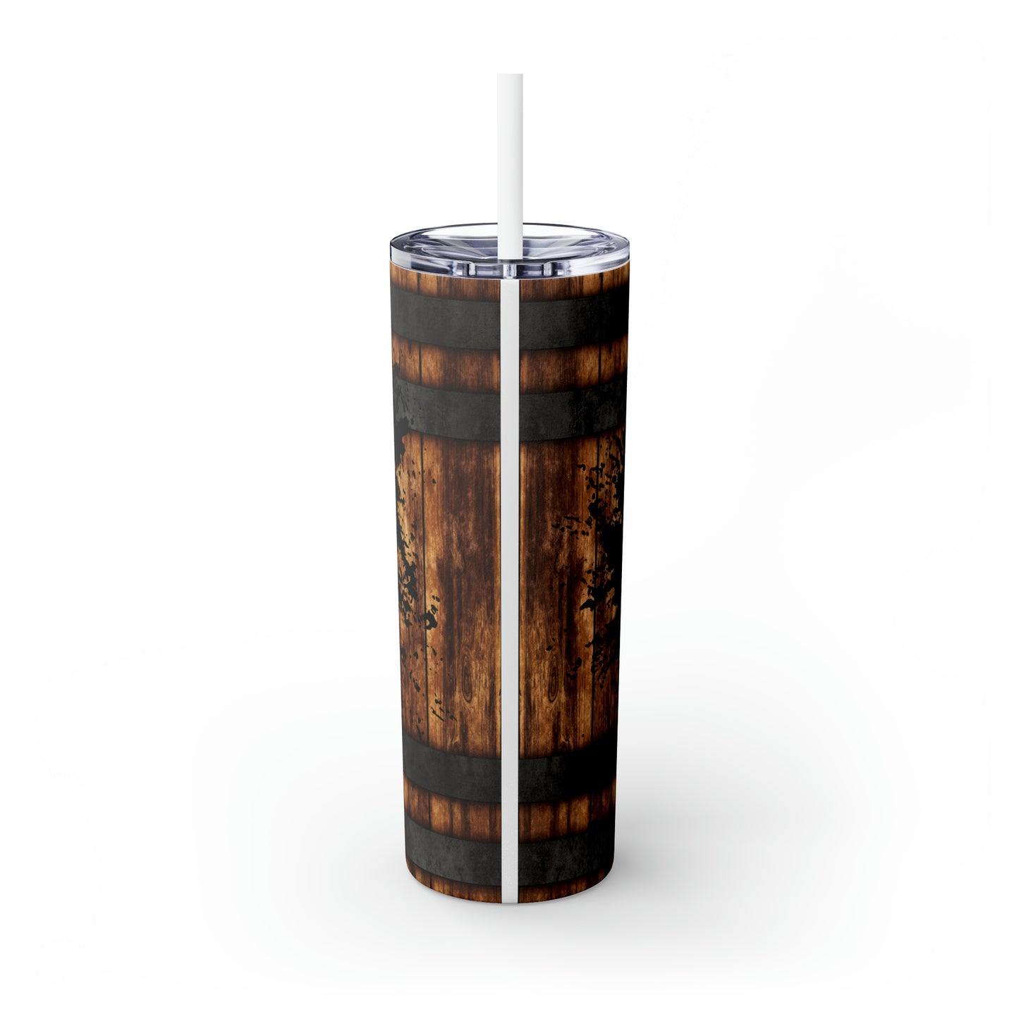 Rustic Barrel Whiskey Themed Skinny Tumbler with Straw, 20oz