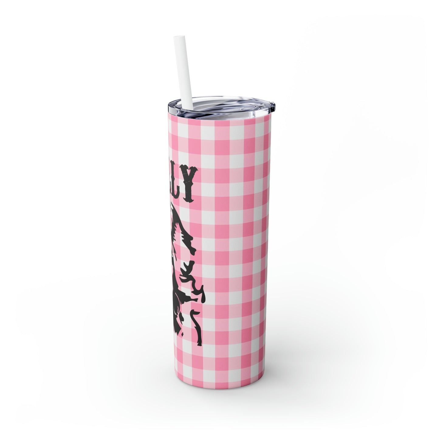 Dolly Portrait Pink Checkerboard Skinny Tumbler with Straw, 20oz