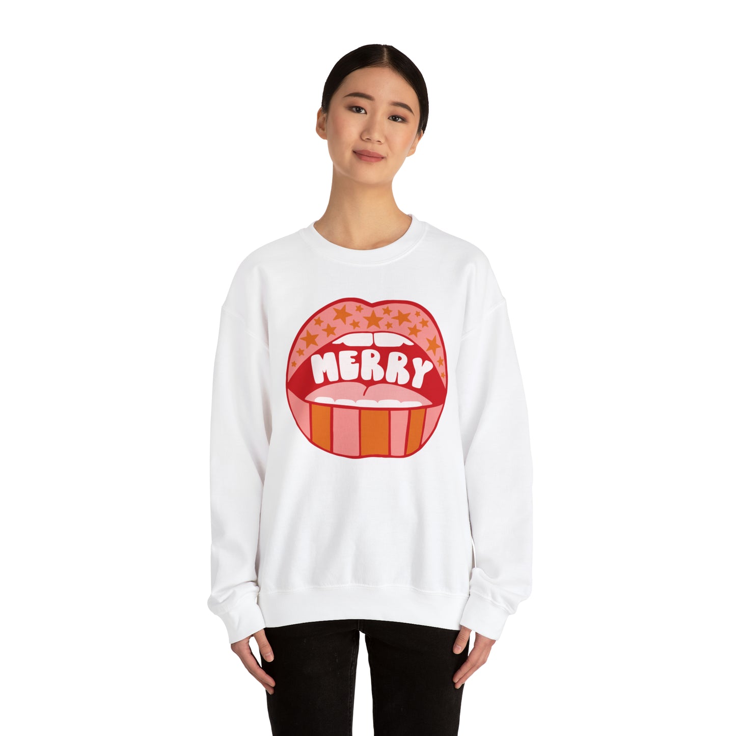 Christmas Holiday Merry Lips Stripes and Stars Unisex Heavy Blend™ Crewneck Sweatshirt