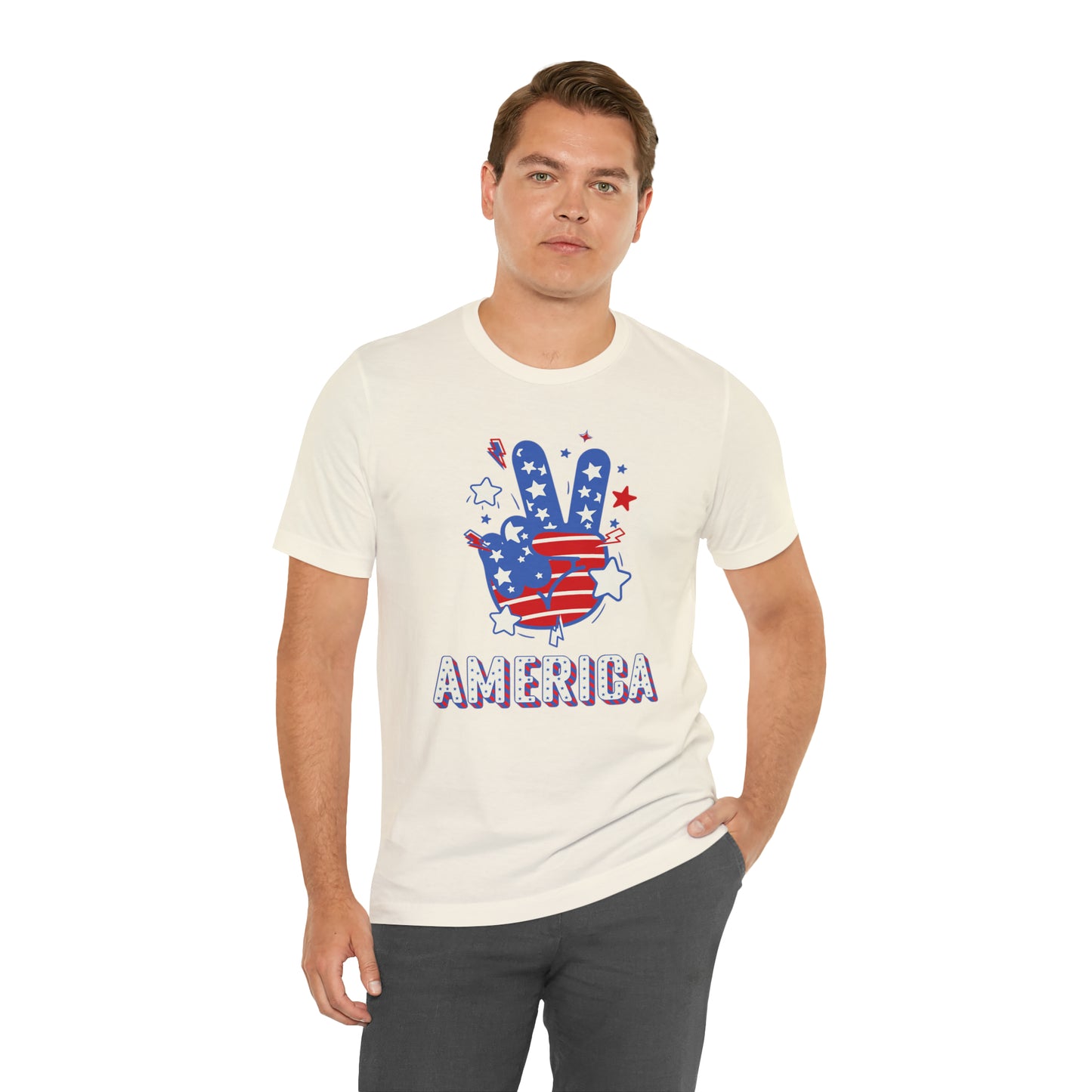 America USA Stars Peace Sign with Hands Unisex Jersey Short Sleeve Tee