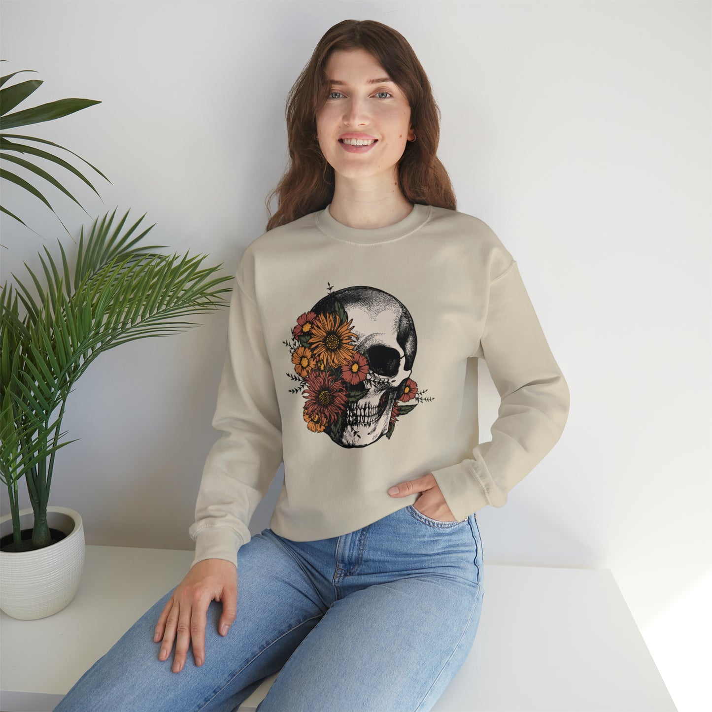 Boho Skeleton Fall Halloween Retro Warm Colored  Unisex Heavy Blend™ Crewneck Sweatshirt