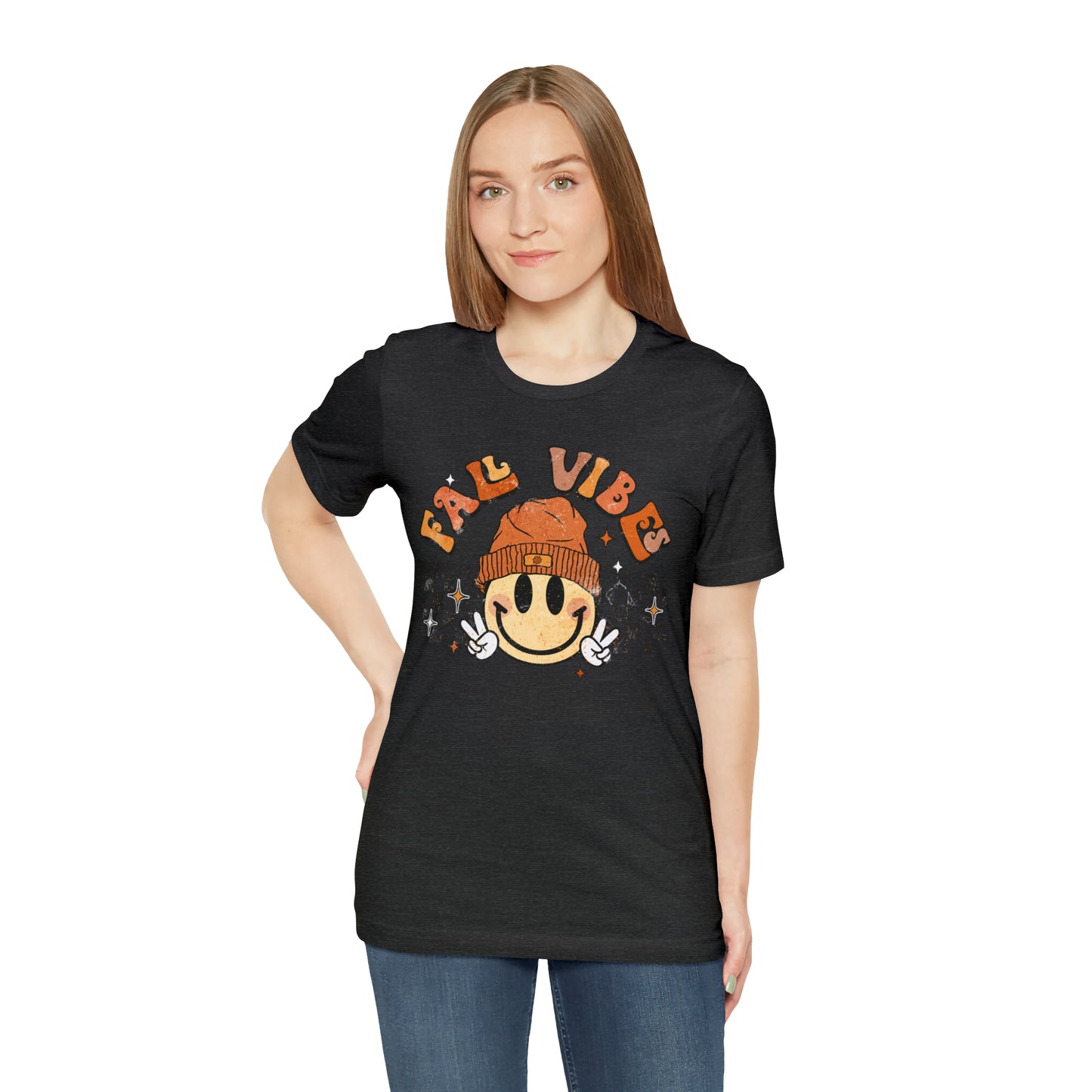 Distressed Halloween Fall Vibes Smiley Face with Beanie and Peace Sign T-Shirt