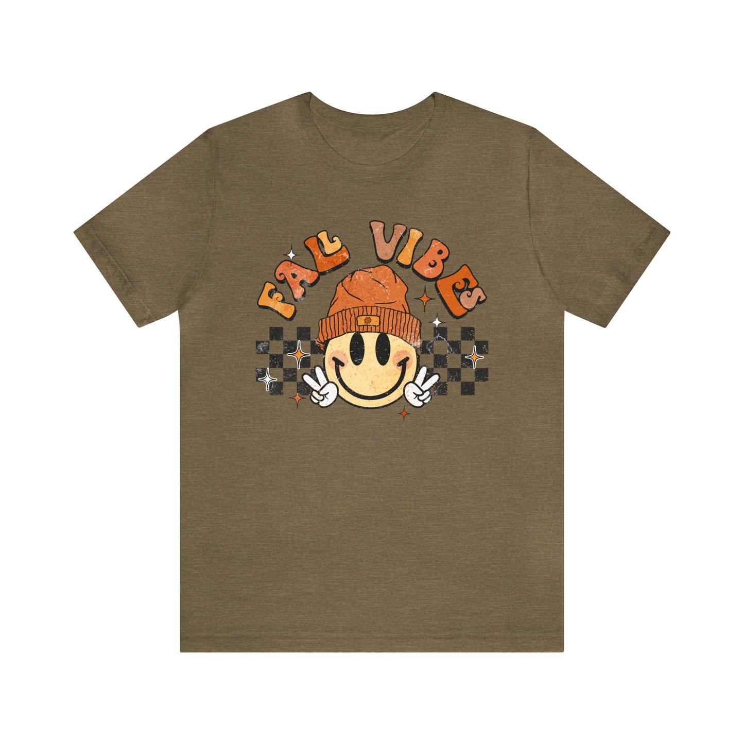 Distressed Halloween Fall Vibes Smiley Face with Beanie and Peace Sign T-Shirt