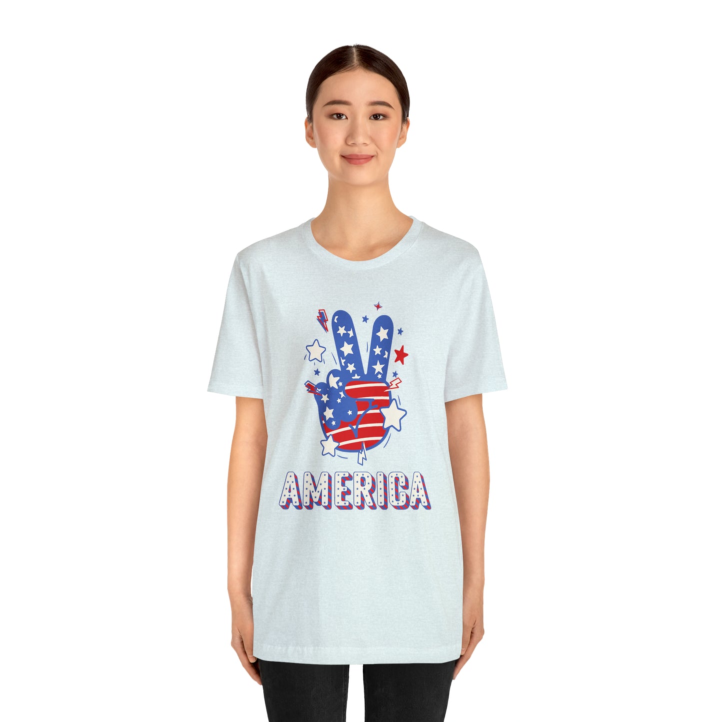 America USA Stars Peace Sign with Hands Unisex Jersey Short Sleeve Tee