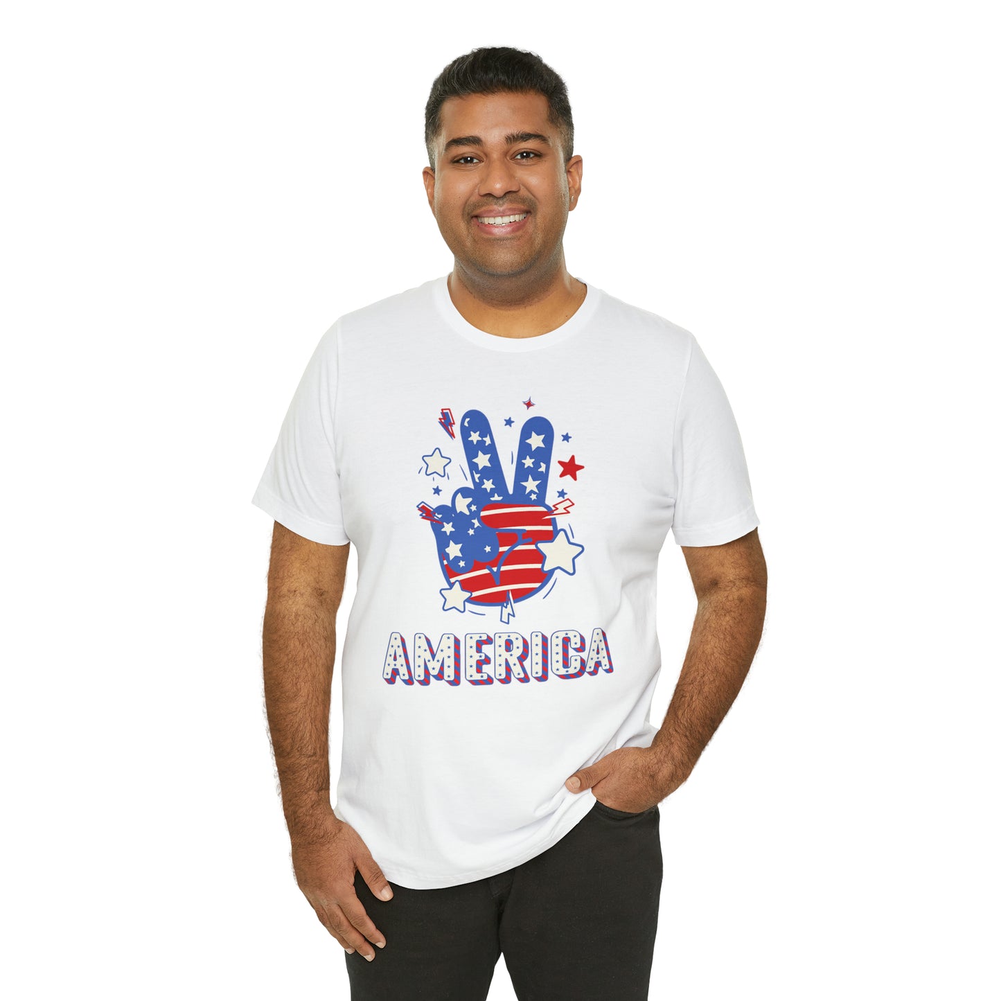 America USA Stars Peace Sign with Hands Unisex Jersey Short Sleeve Tee