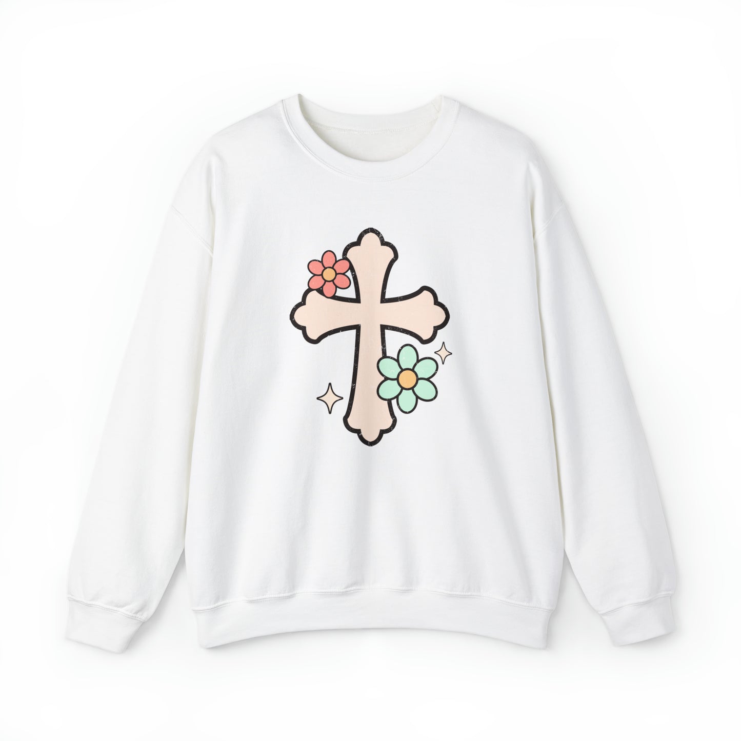 Vintage Floral Cross Design Heavy Blend™ Crewneck Sweatshirt