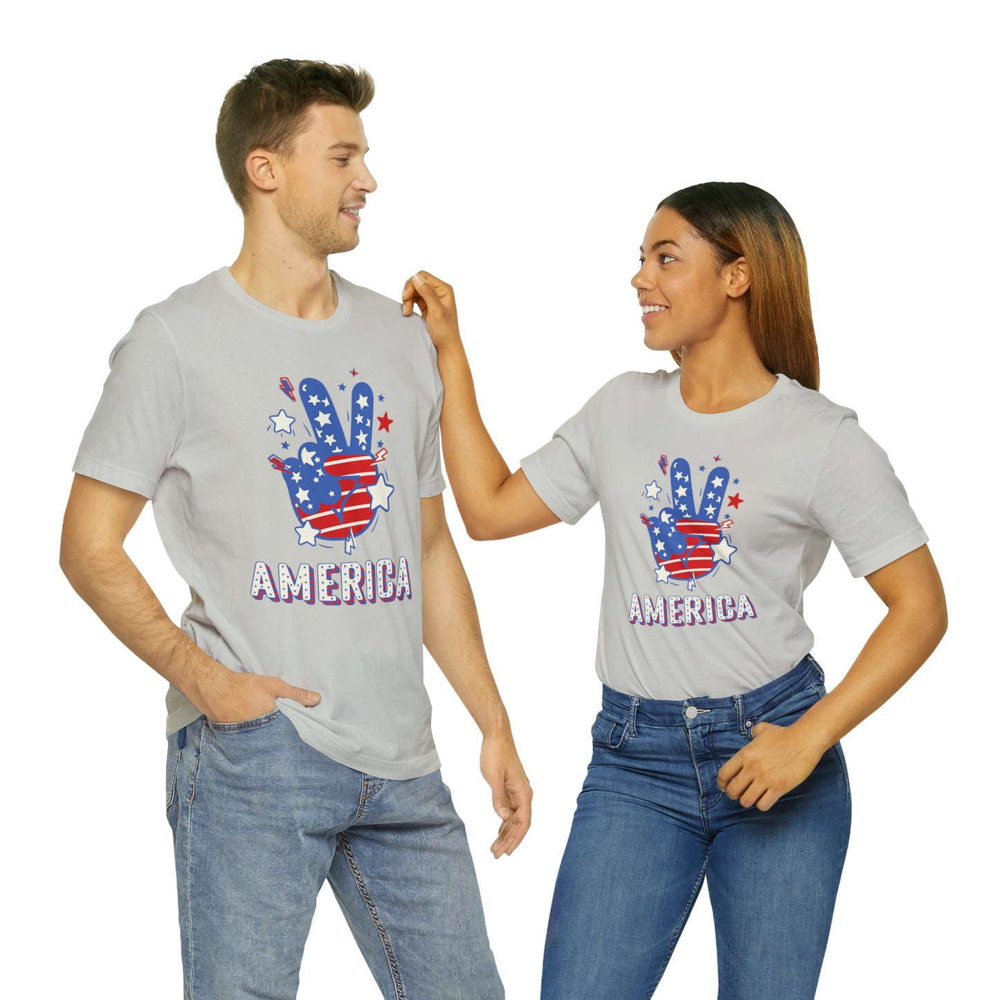 America USA Stars Peace Sign with Hands Unisex Jersey Short Sleeve Tee