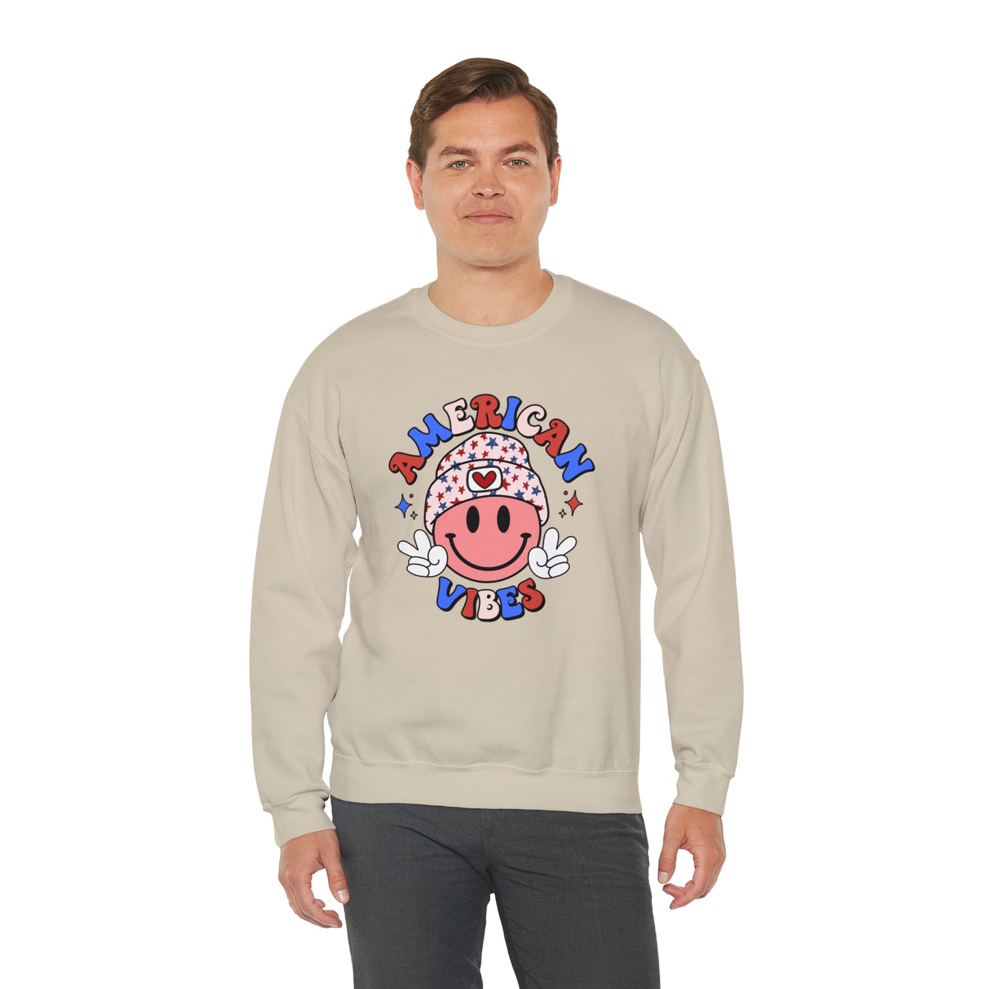 USA American Vibes Smiley Face with Heart Beanie and Peace Signs Heavy Blend™ Crewneck Sweatshirt