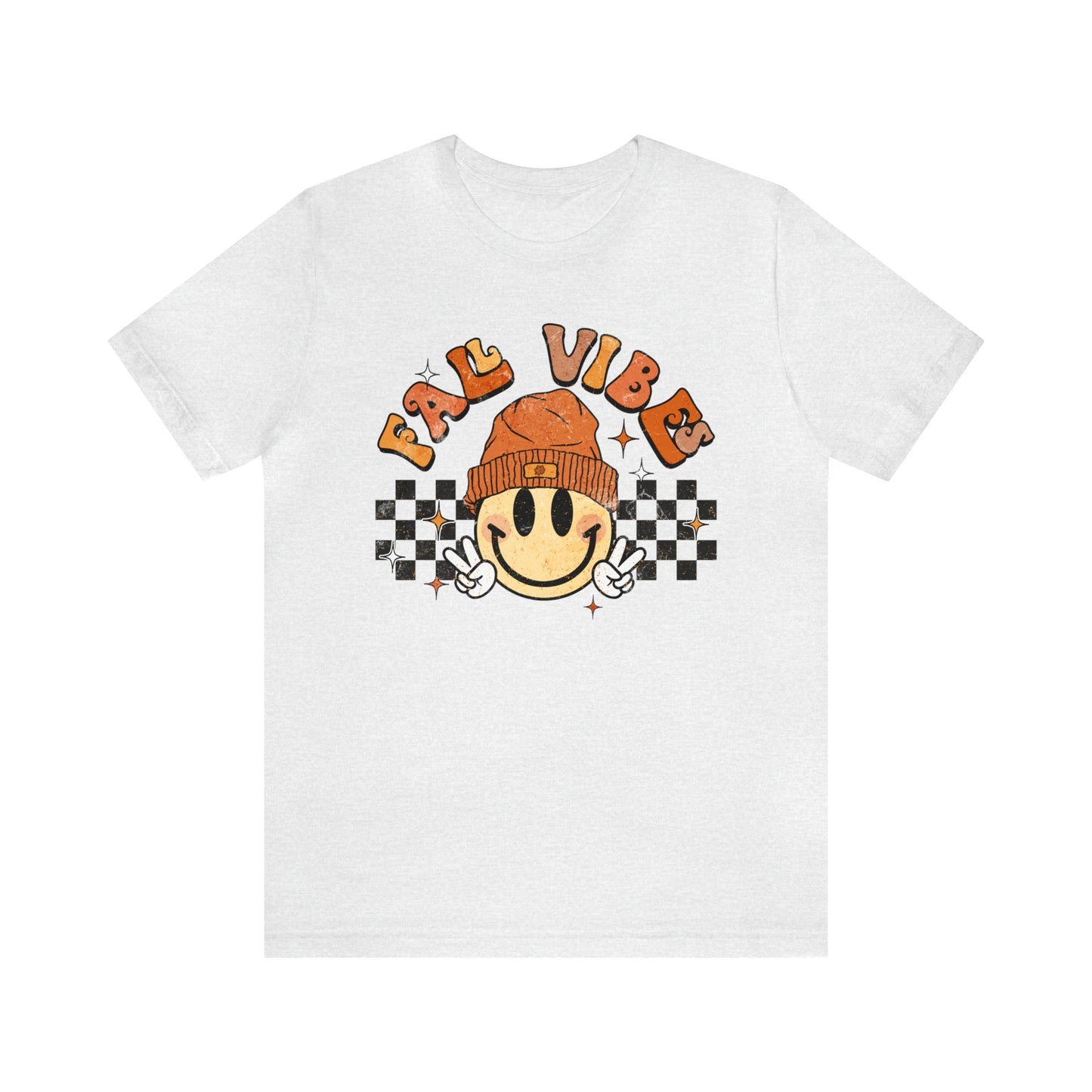 Distressed Halloween Fall Vibes Smiley Face with Beanie and Peace Sign T-Shirt