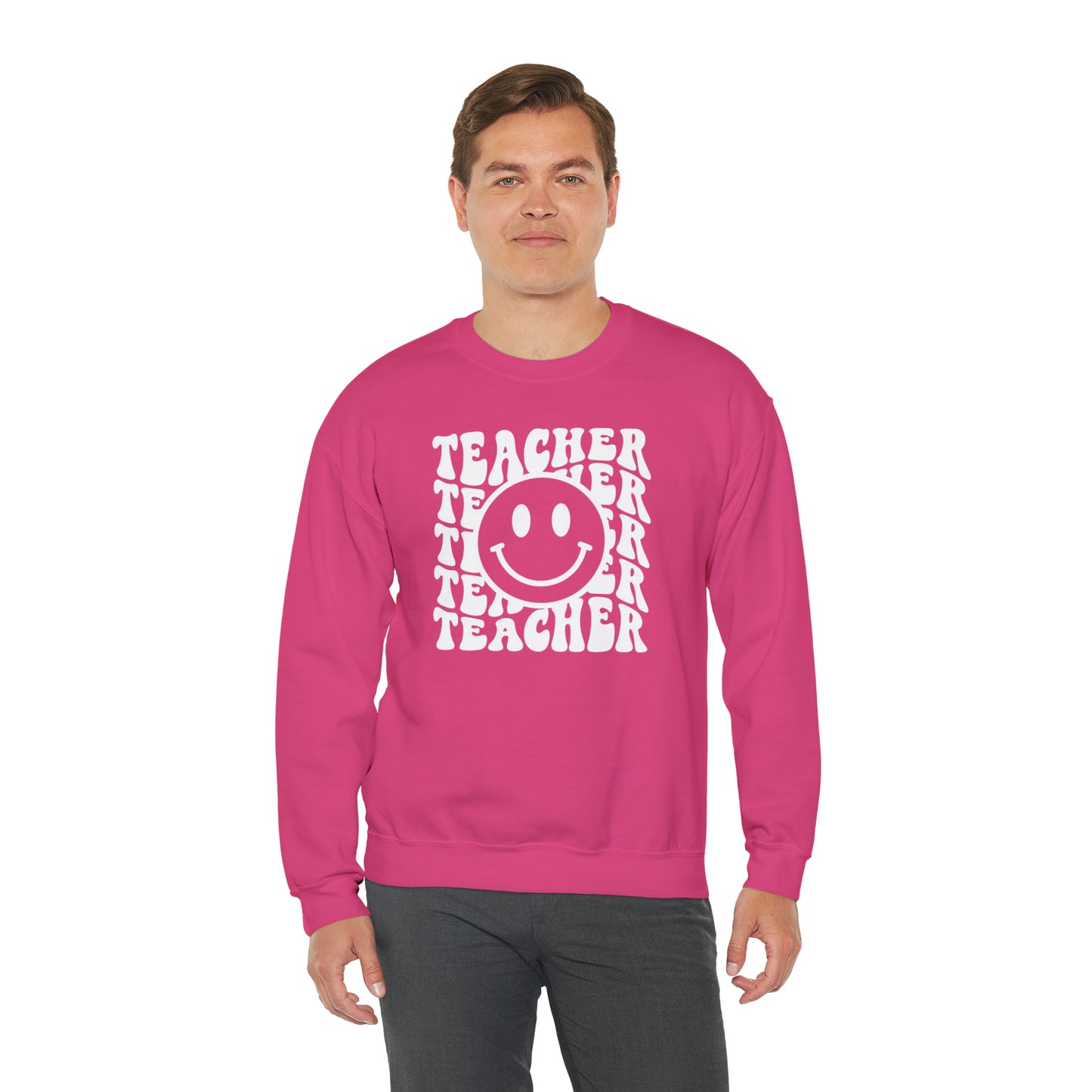 Teacher with Smiley Face White Logo Unisex Heavy Blend™ Crewneck Sweatshirt