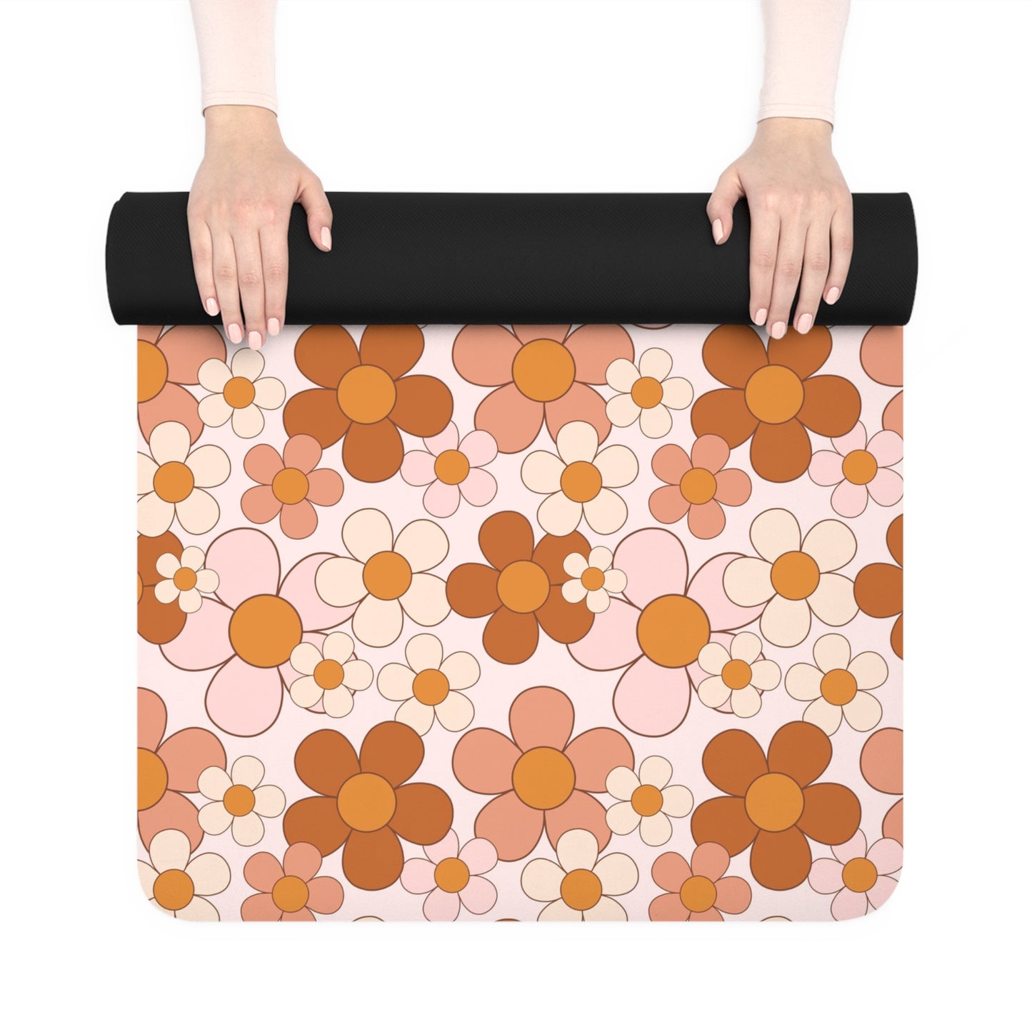 Retro Daisy Rust and Pink Pattern Rubber Yoga Mat