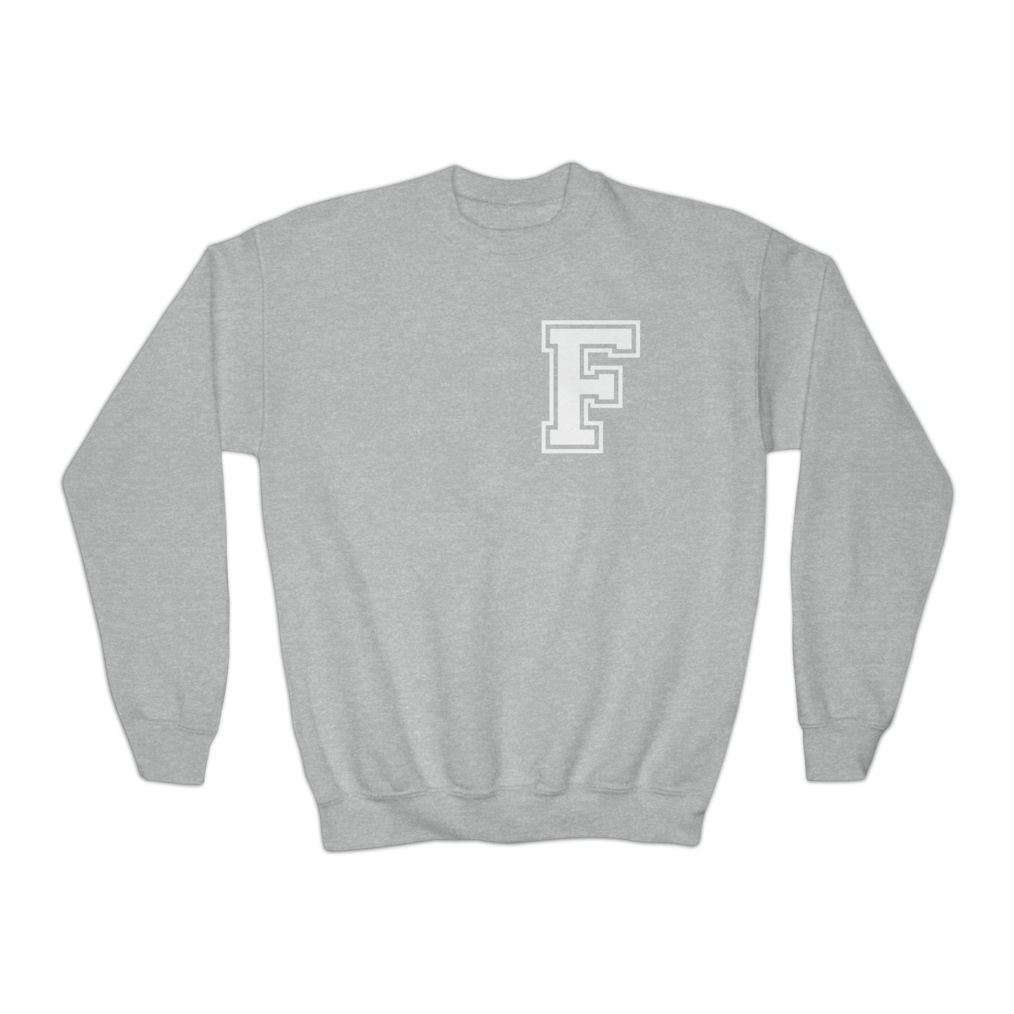 YOUTH - Front to Back Design - Varsity F Vertical Freeburg Midgets Logo Youth Crewneck Sweatshirt