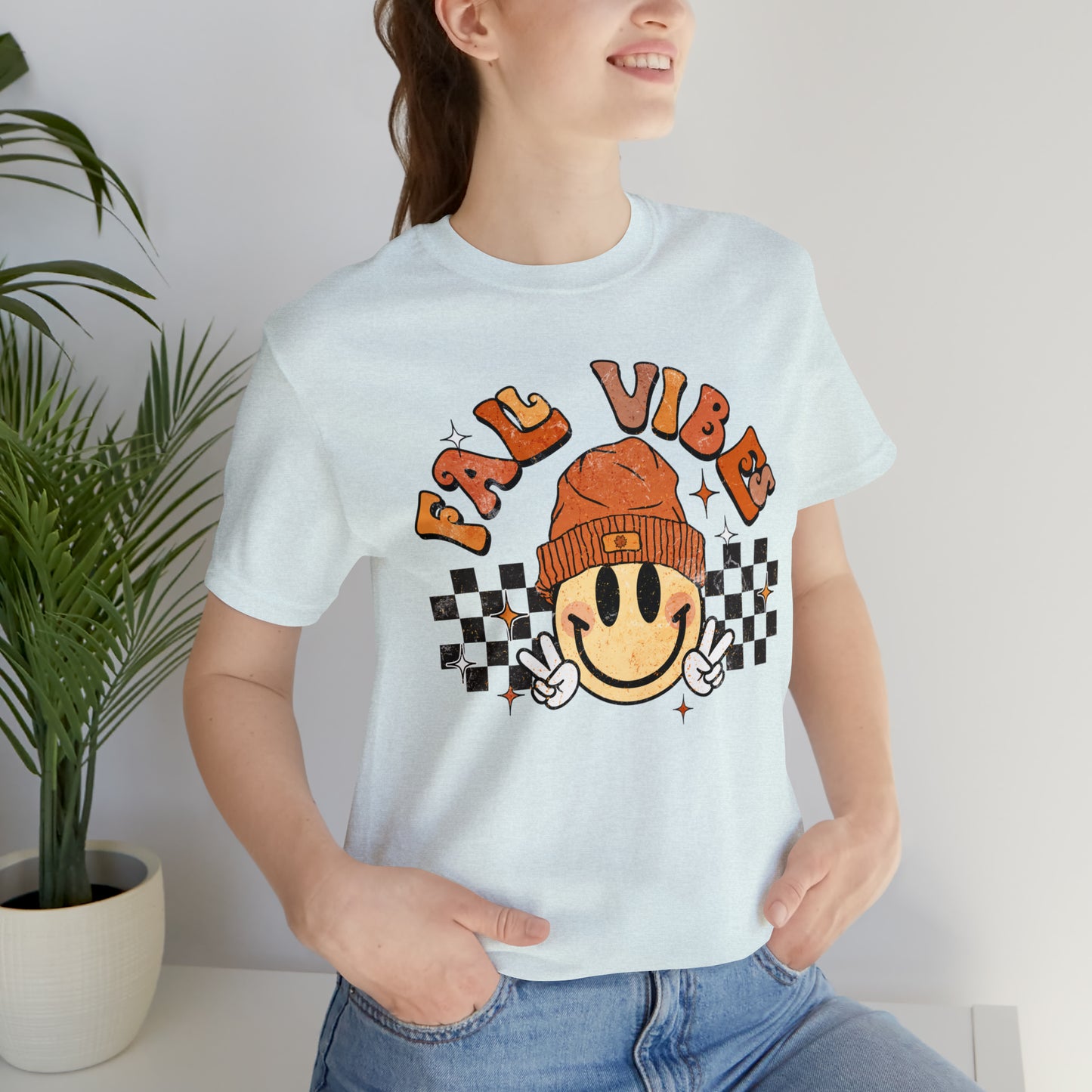 Distressed Halloween Fall Vibes Smiley Face with Beanie and Peace Sign T-Shirt