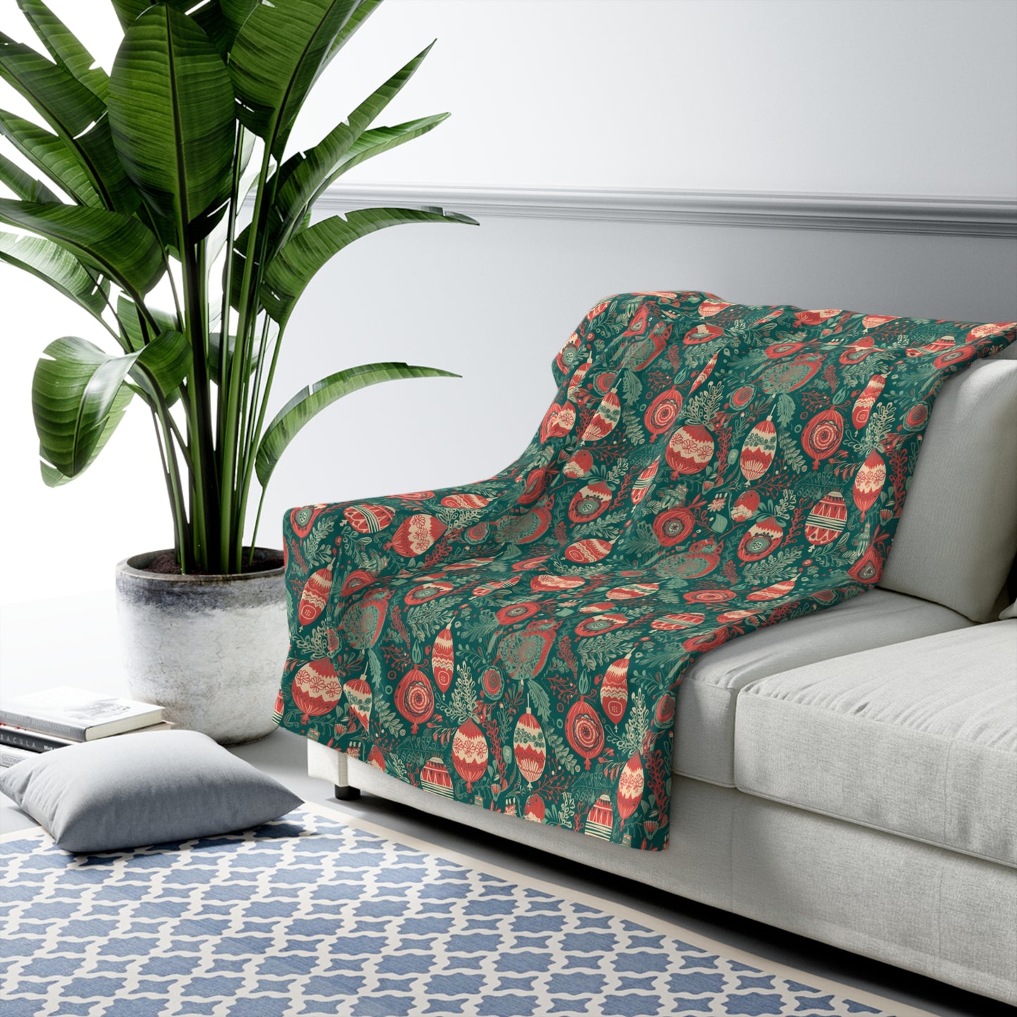 Boho Green Botanical Sherpa Fleece Blanket