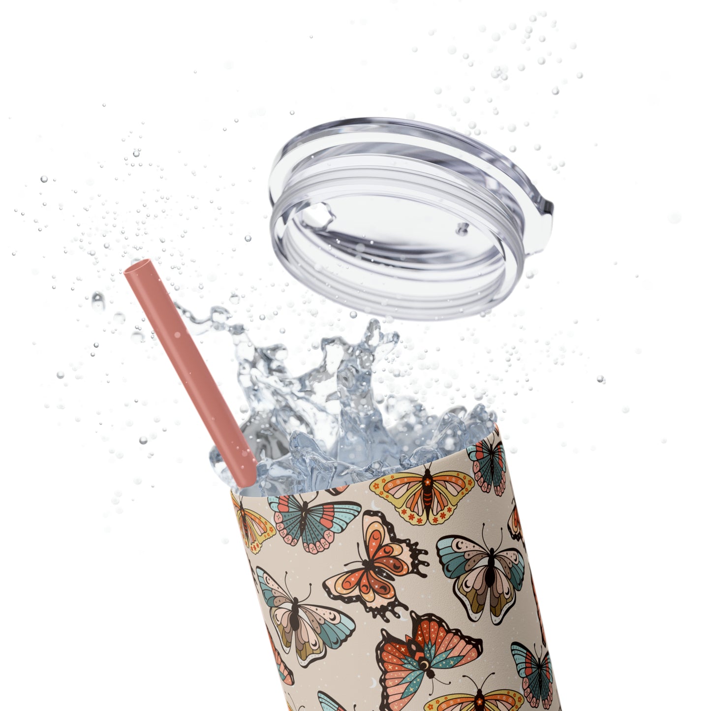 Boho Butterfly Brown Skinny Tumbler with Straw, 20oz