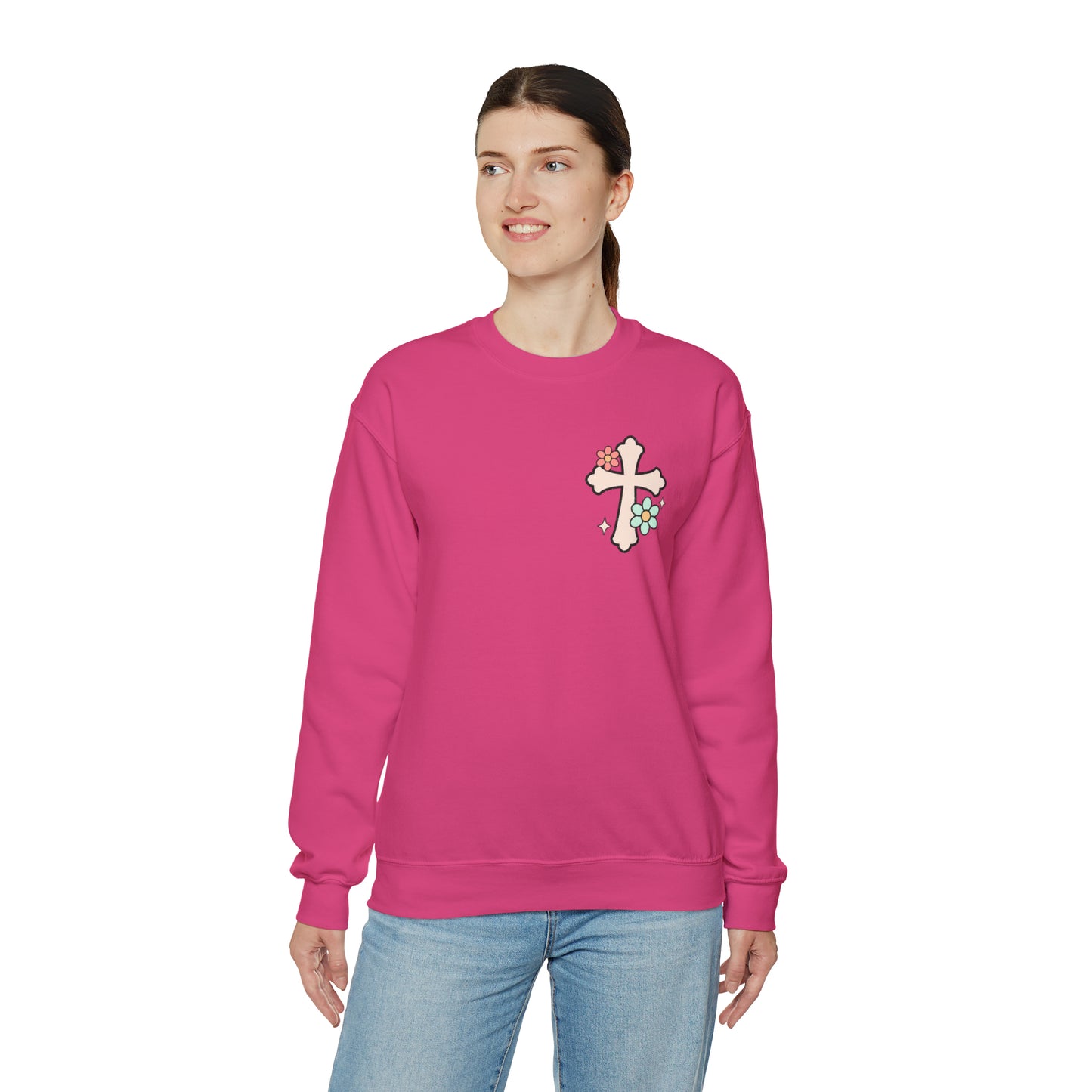 Vintage Grow in Grace with Cross Boho Color Print -  Front and Back Design Heavy Blend™ Crewneck Sweatshirt