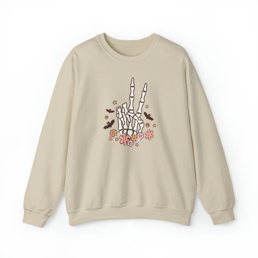 Boho Skeleton Floral Piece Sign Hand Fall Halloween Retro Warm Colored  Unisex Heavy Blend™ Crewneck Sweatshirt