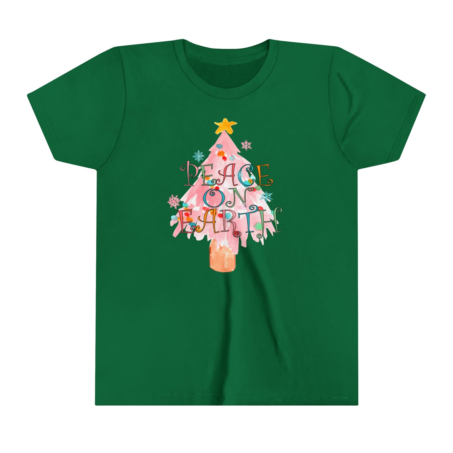 YOUTH - Peace on Earth Pink Christmas Tree/ Holiday Youth Short Sleeve Tee