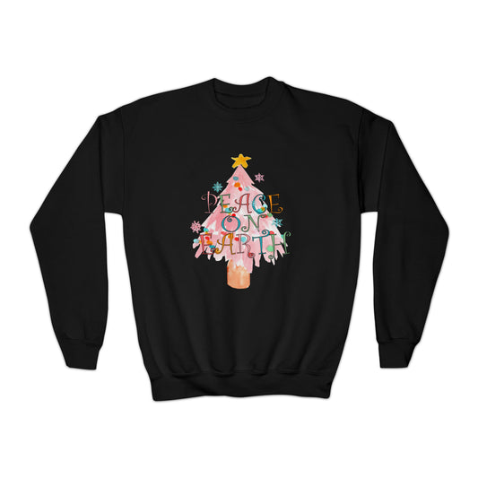 YOUTH - Peace on Earth Pink Christmas Tree/ Holiday Youth Crewneck Sweatshirt