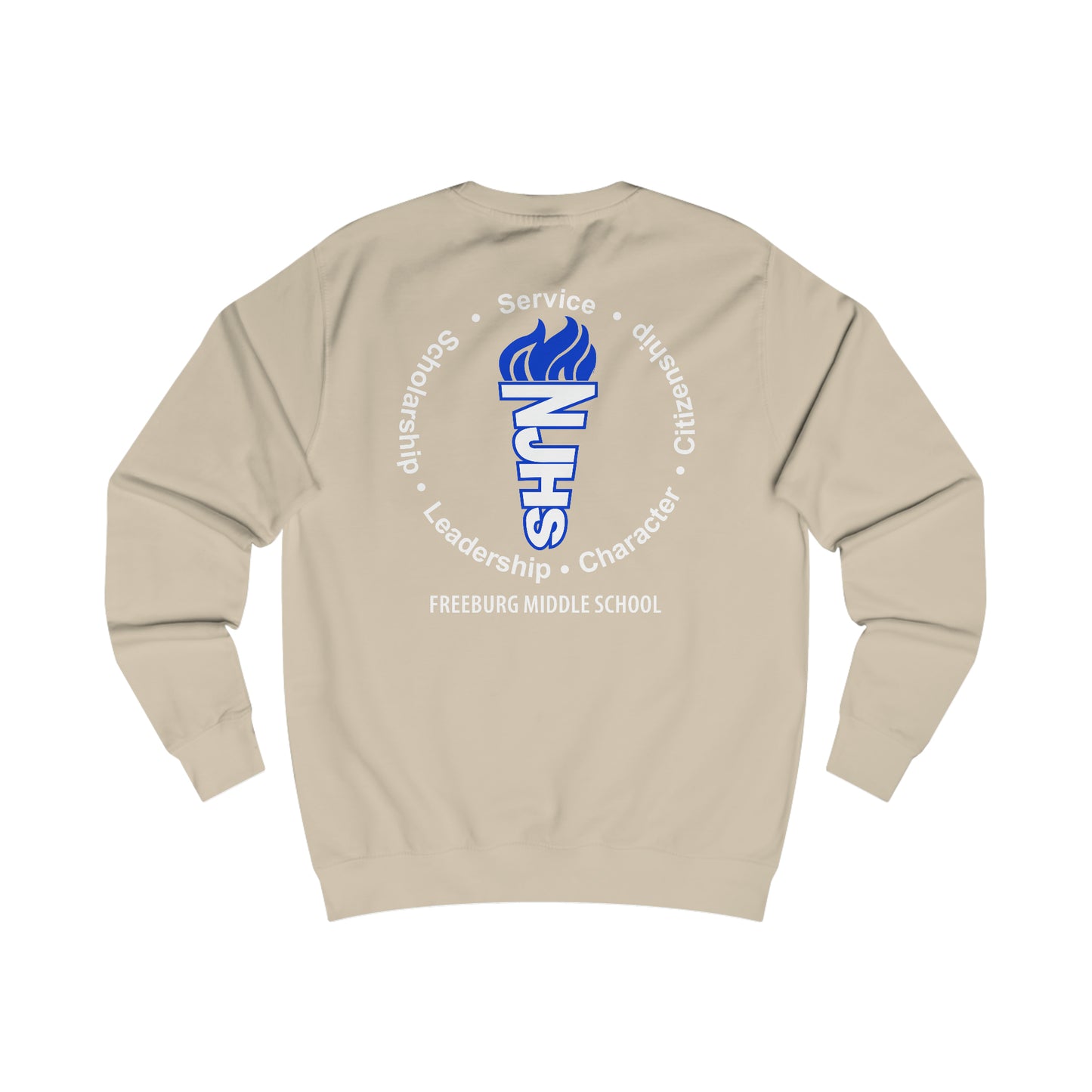 Front and Back Design - Freeburg Middle School White NJHS National Junior Honor Society Royal Torch (front) and Character Circle Logo (back) Unisex Heavy Blend™ Crewneck Sweatshirt