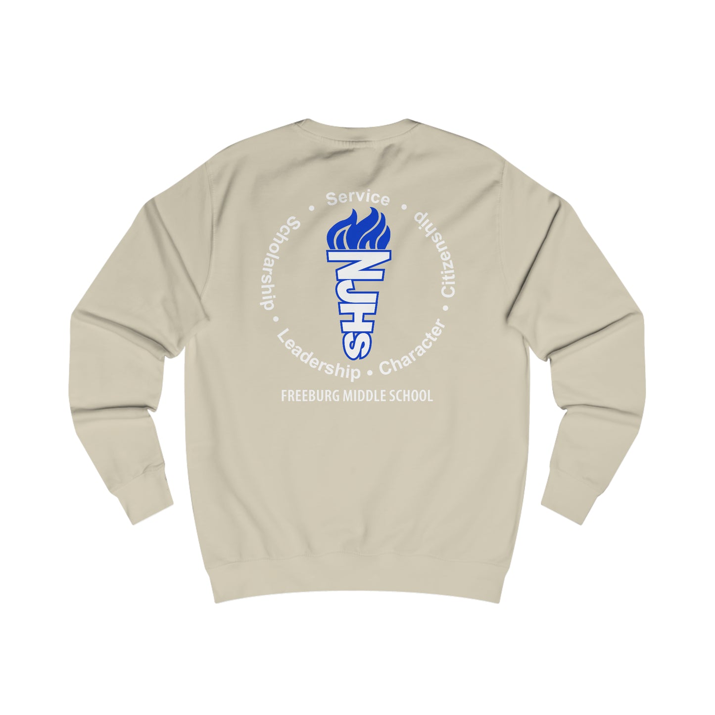 Front and Back Design - Freeburg Middle School White NJHS National Junior Honor Society Royal Torch (front) and Character Circle Logo (back) Unisex Heavy Blend™ Crewneck Sweatshirt